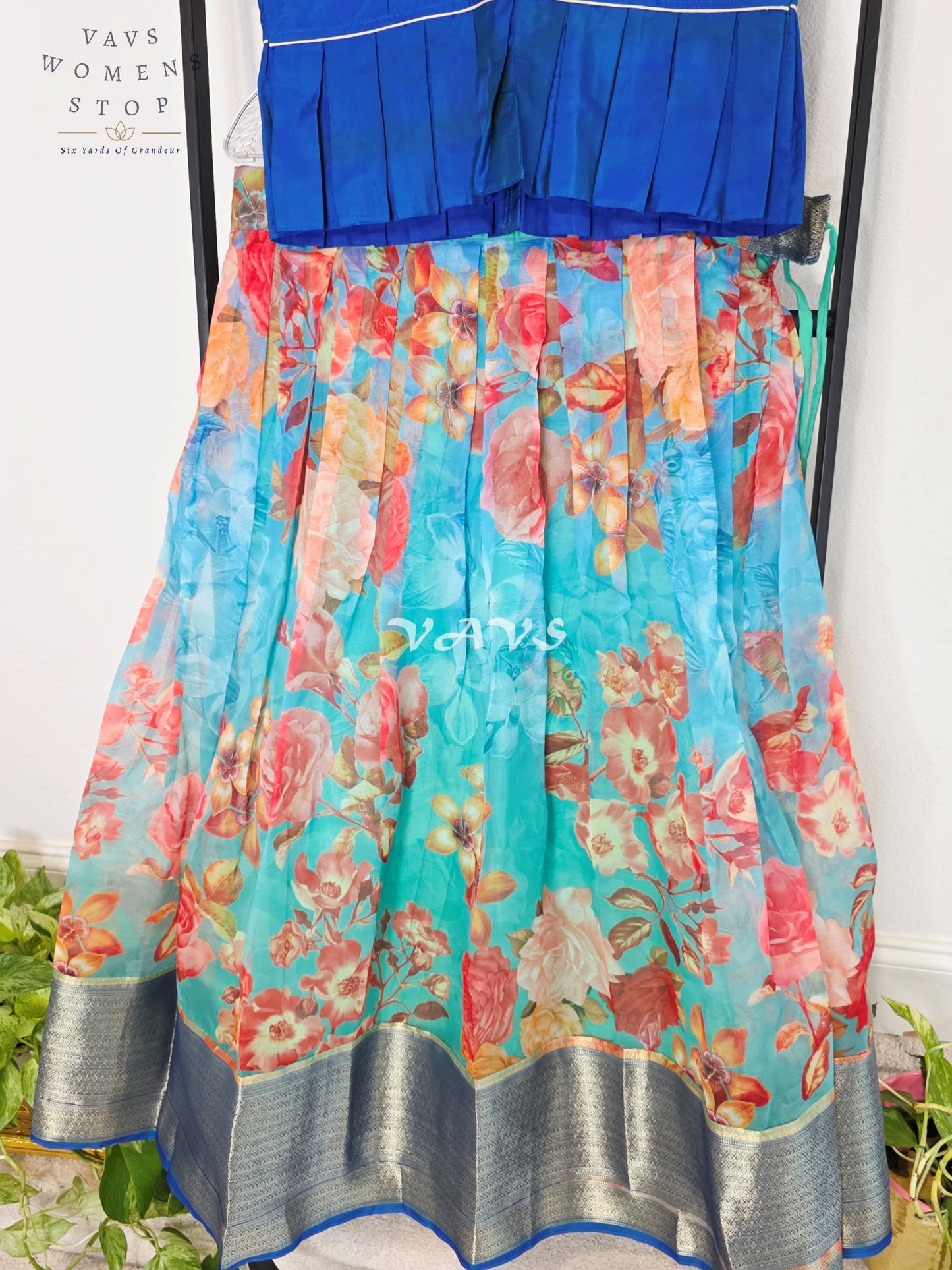 Royal Sapphire Blue & Aqua Bloom Floral Print Organza Lehenga Set for Girls Ages 11–12