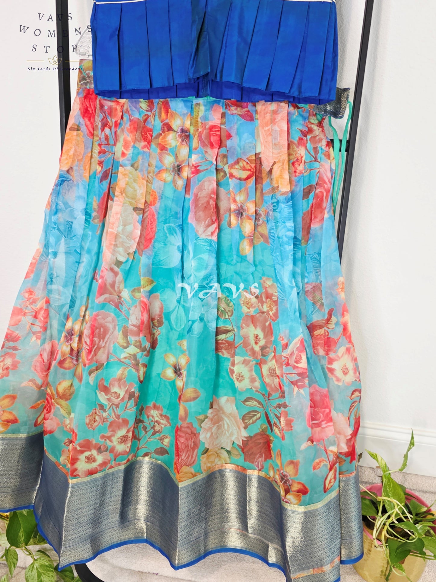 Royal Sapphire Blue & Aqua Bloom Floral Print Organza Lehenga Set for Girls Ages 11–12