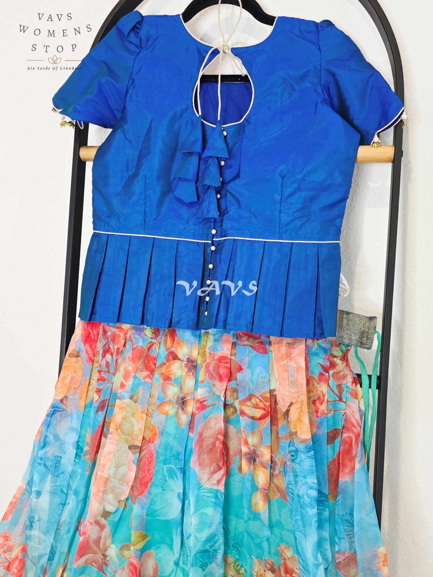 Royal Sapphire Blue & Aqua Bloom Floral Print Organza Lehenga Set for Girls Ages 11–12