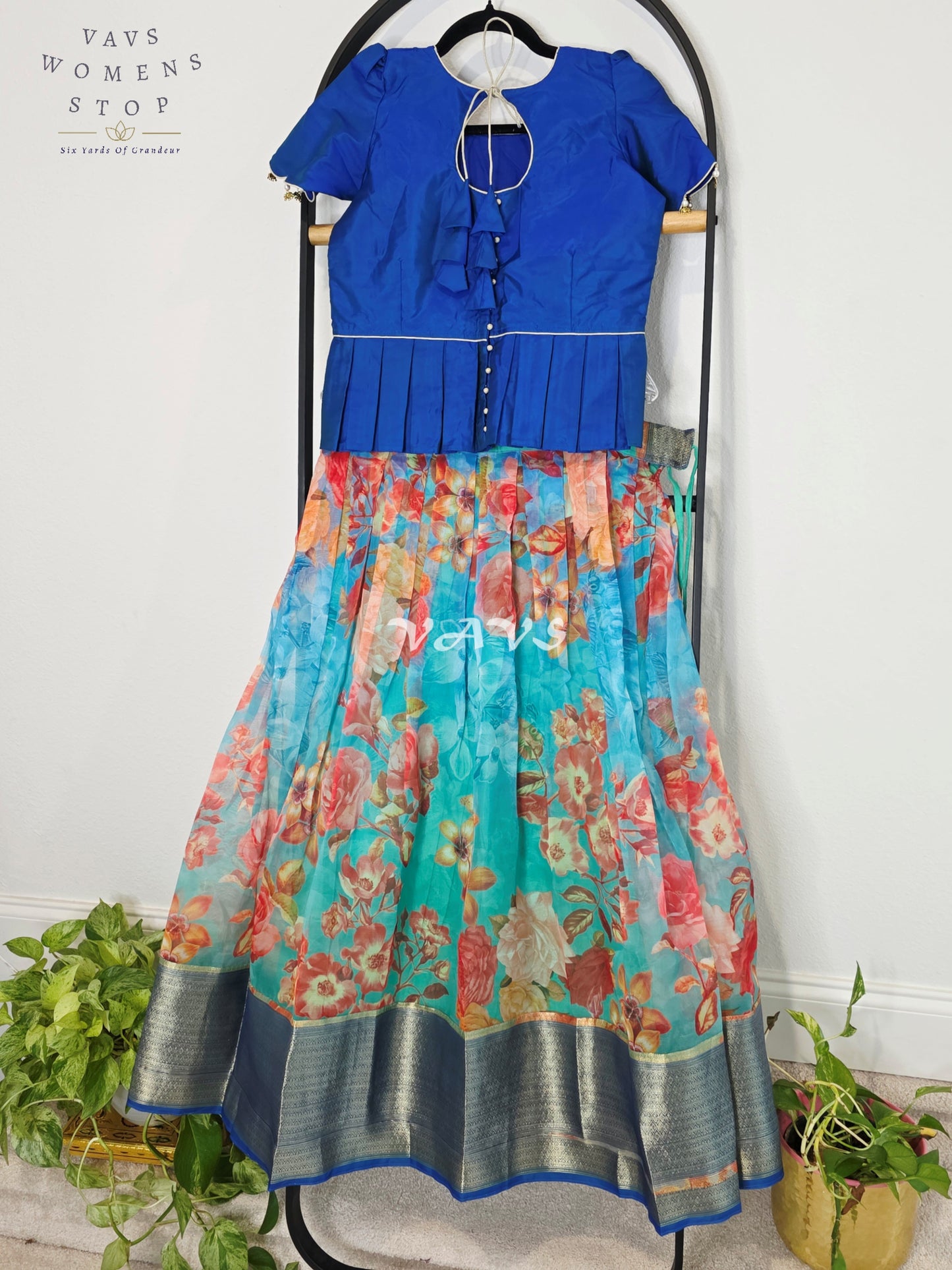 Royal Sapphire Blue & Aqua Bloom Floral Print Organza Lehenga Set for Girls Ages 11–12