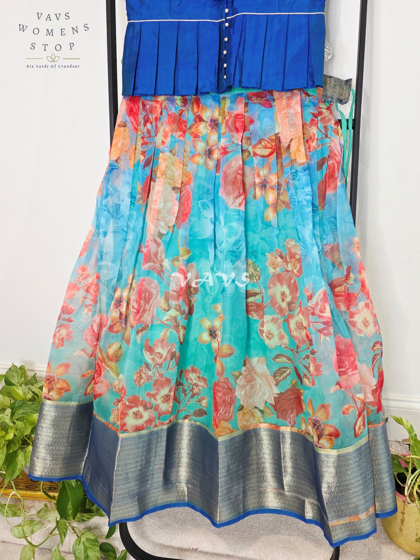 Royal Sapphire Blue & Aqua Bloom Floral Print Organza Lehenga Set for Girls Ages 11–12