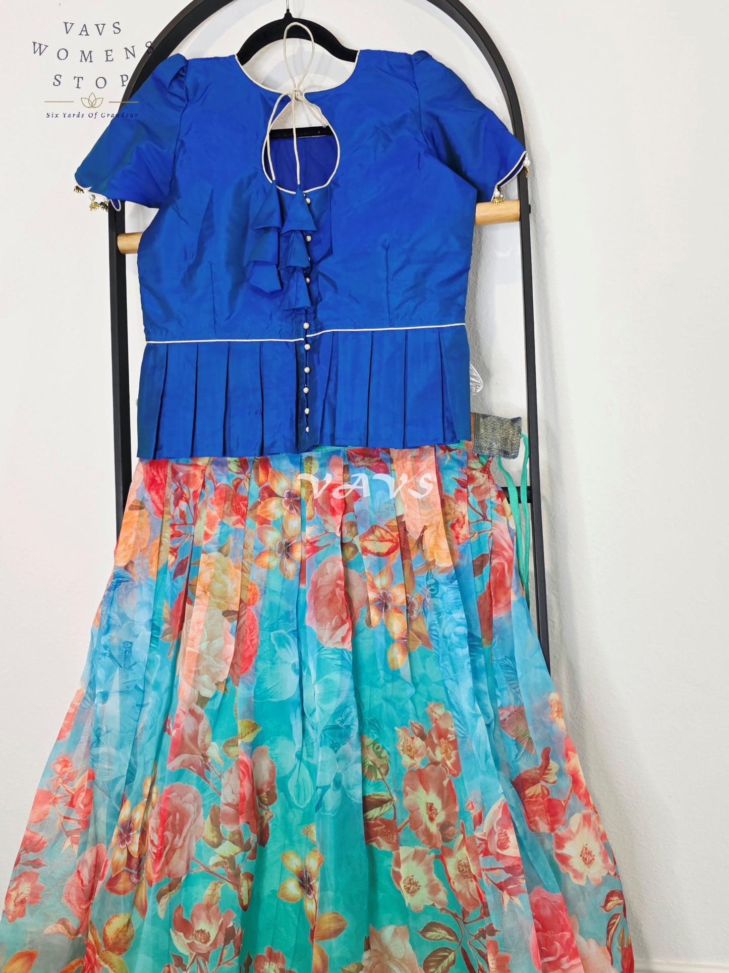 Royal Sapphire Blue & Aqua Bloom Floral Print Organza Lehenga Set for Girls Ages 11–12
