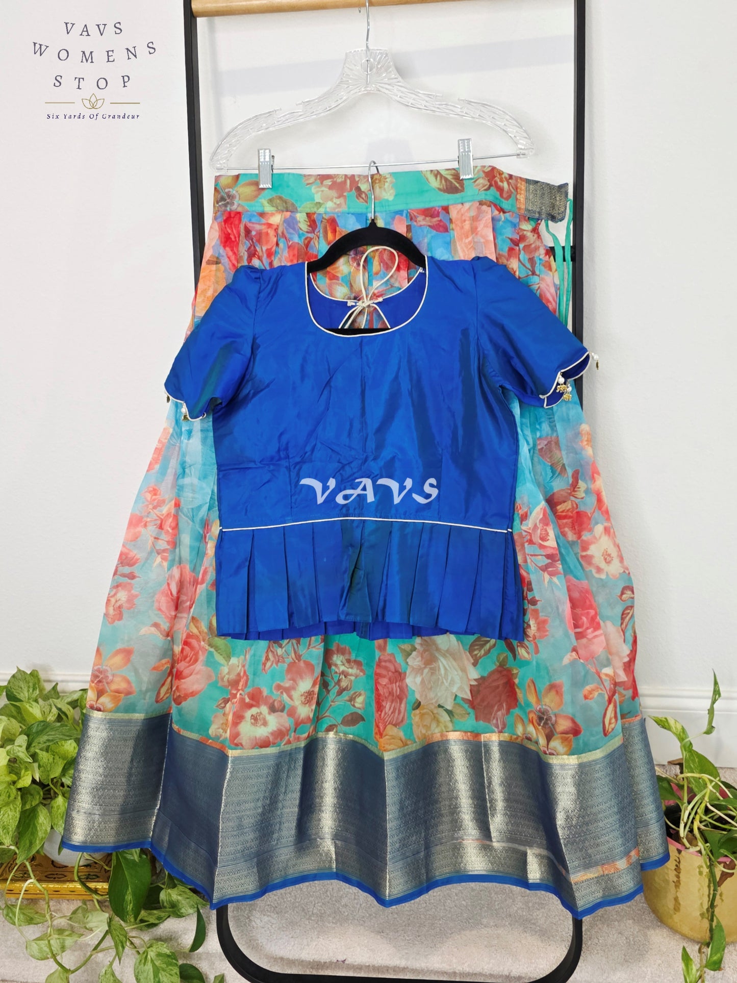 Royal Sapphire Blue & Aqua Bloom Floral Print Organza Lehenga Set for Girls Ages 11–12