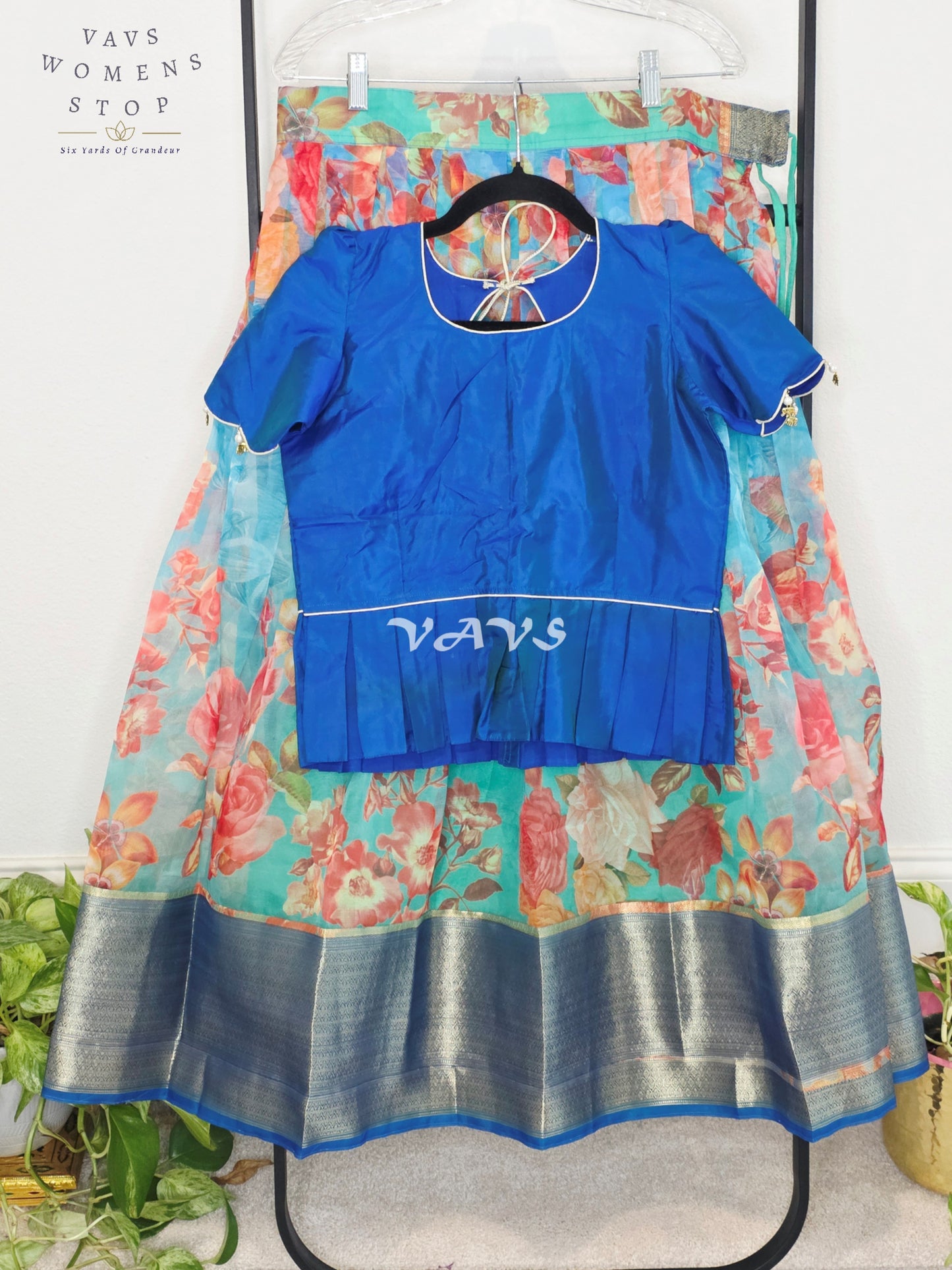 Royal Sapphire Blue & Aqua Bloom Floral Print Organza Lehenga Set for Girls Ages 11–12
