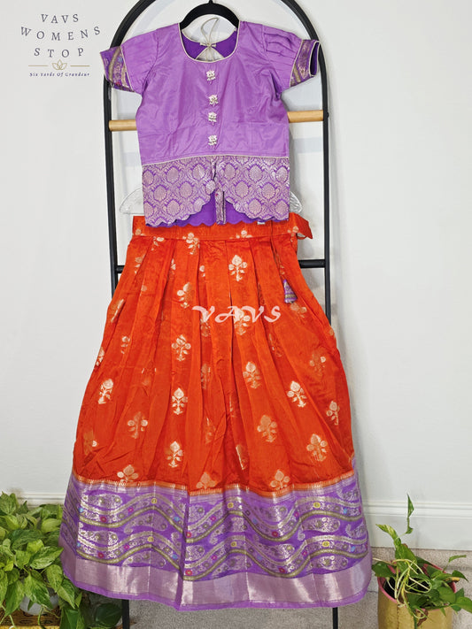 Royal Sunset Orange & Regal Lavender Benarasi Lehenga with Designer Puff Sleeves Blouse Set for Girls Ages 8–9