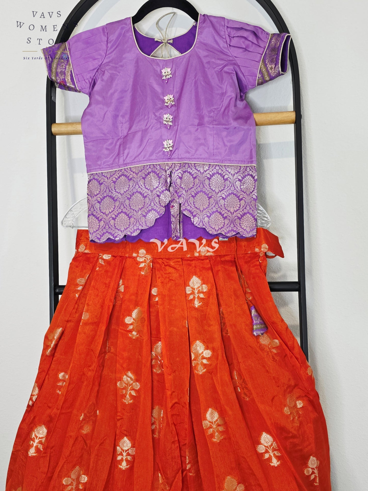 Royal Sunset Orange & Regal Lavender Benarasi Lehenga with Designer Puff Sleeves Blouse Set for Girls Ages 8–9