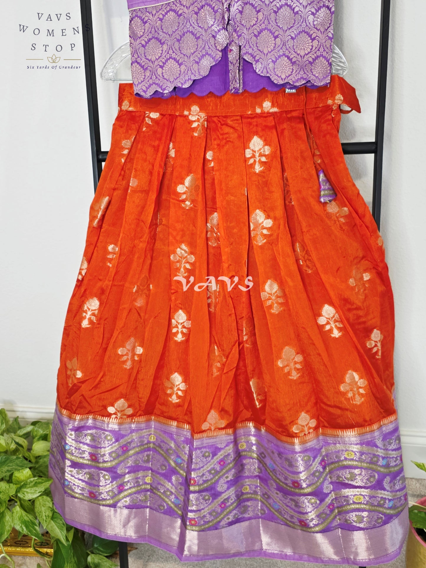 Royal Sunset Orange & Regal Lavender Benarasi Lehenga with Designer Puff Sleeves Blouse Set for Girls Ages 8–9