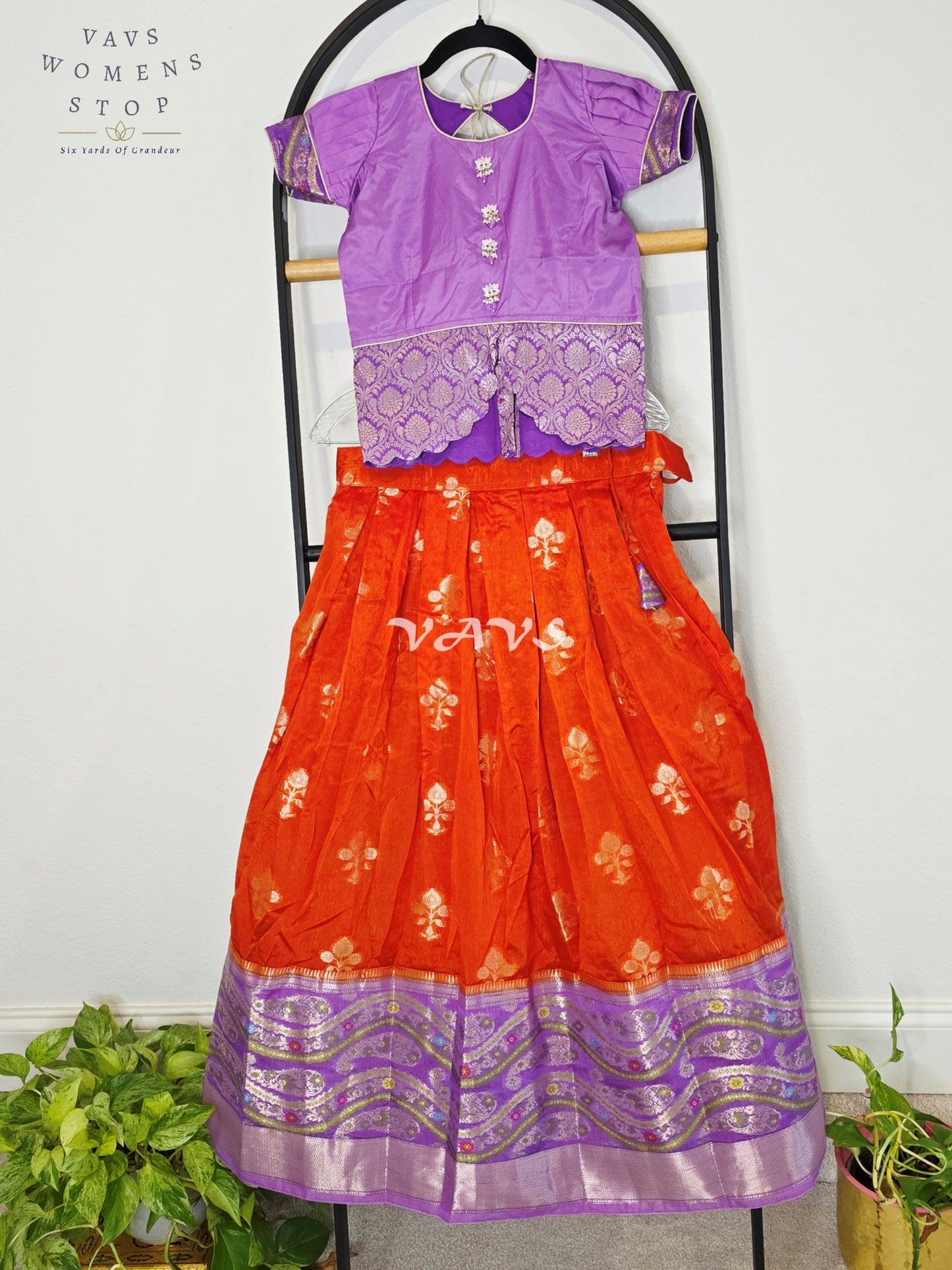 Royal Sunset Orange & Regal Lavender Benarasi Lehenga with Designer Puff Sleeves Blouse Set for Girls Ages 8–9