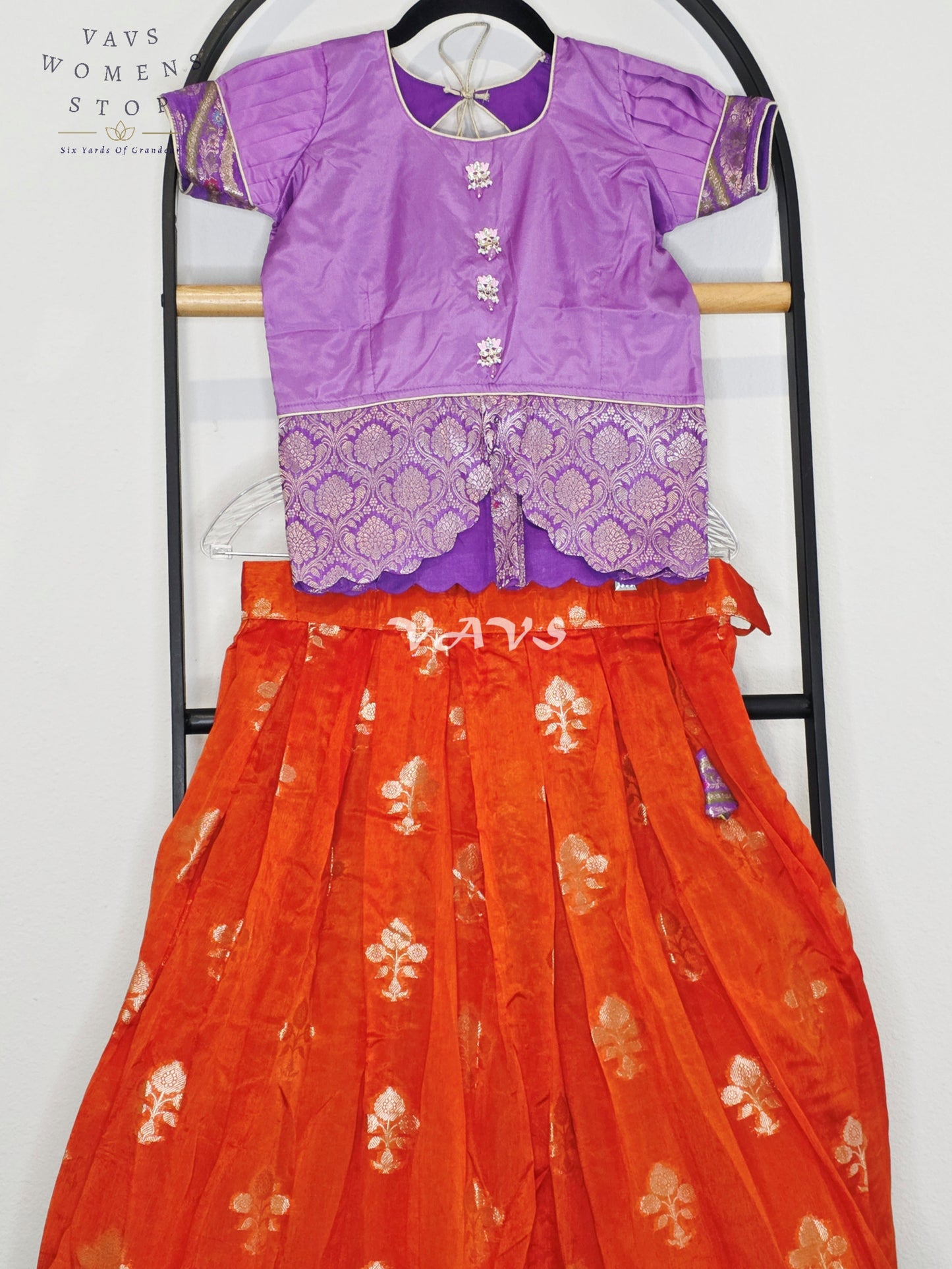 Royal Sunset Orange & Regal Lavender Benarasi Lehenga with Designer Puff Sleeves Blouse Set for Girls Ages 8–9