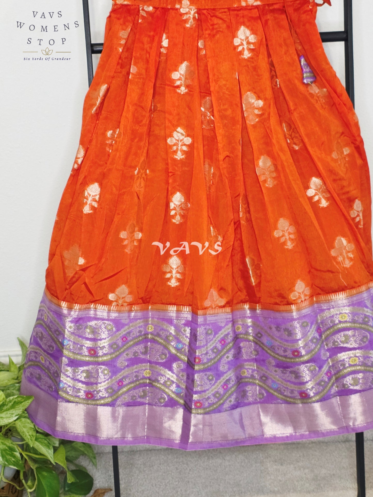 Royal Sunset Orange & Regal Lavender Benarasi Lehenga with Designer Puff Sleeves Blouse Set for Girls Ages 8–9