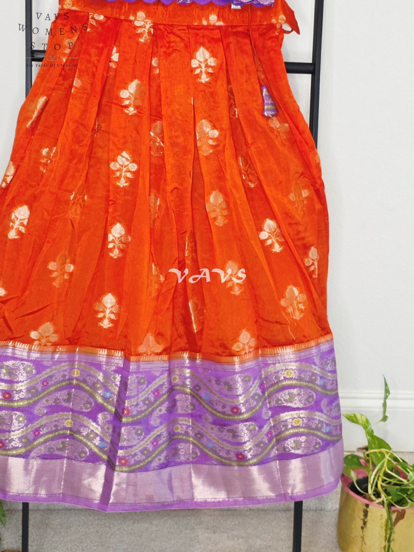 Royal Sunset Orange & Regal Lavender Benarasi Lehenga with Designer Puff Sleeves Blouse Set for Girls Ages 8–9
