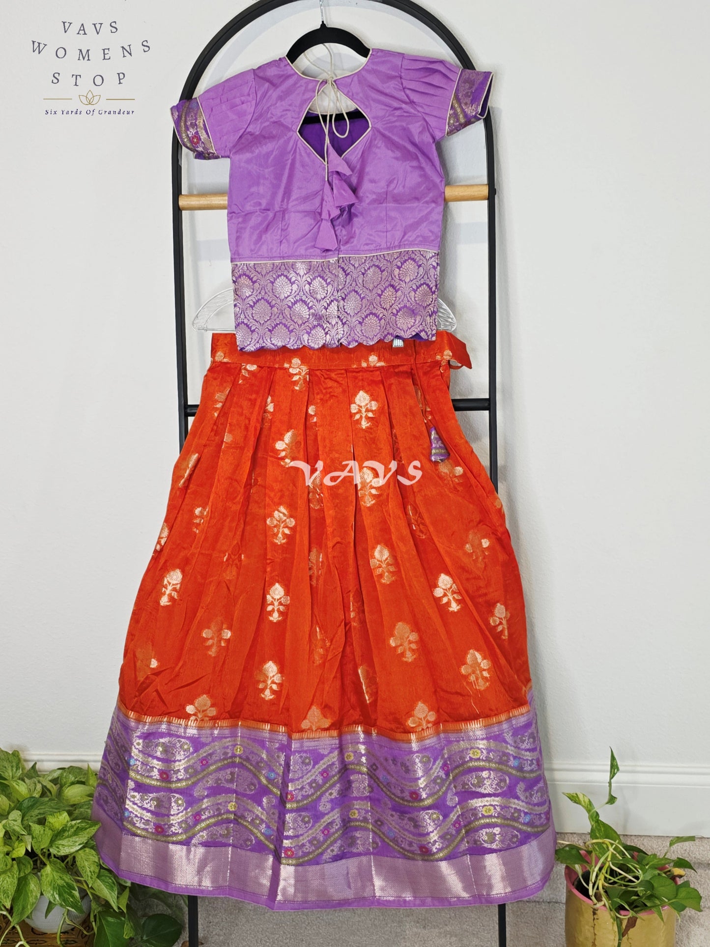 Royal Sunset Orange & Regal Lavender Benarasi Lehenga with Designer Puff Sleeves Blouse Set for Girls Ages 8–9
