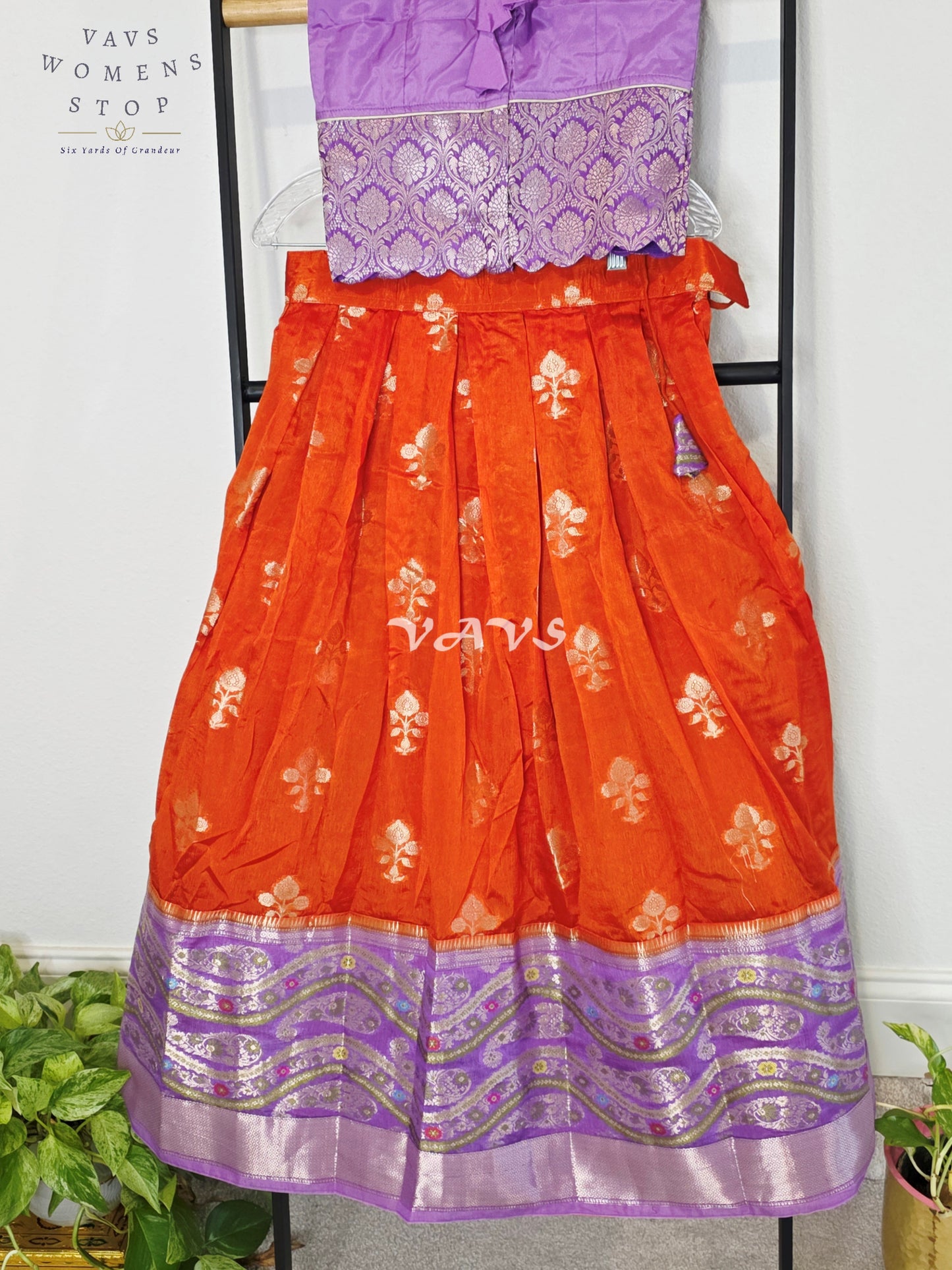 Royal Sunset Orange & Regal Lavender Benarasi Lehenga with Designer Puff Sleeves Blouse Set for Girls Ages 8–9