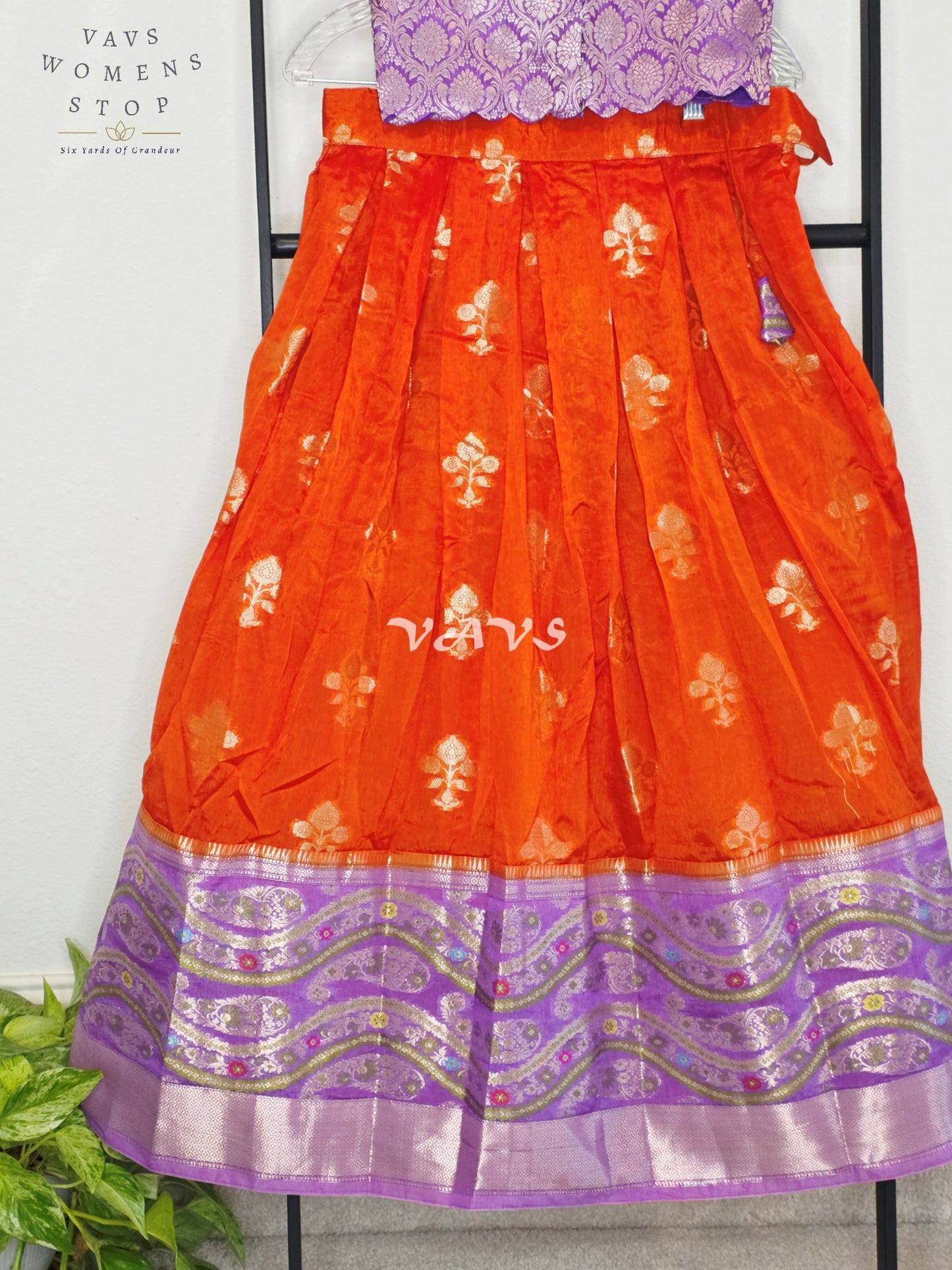 Royal Sunset Orange & Regal Lavender Benarasi Lehenga with Designer Puff Sleeves Blouse Set for Girls Ages 8–9
