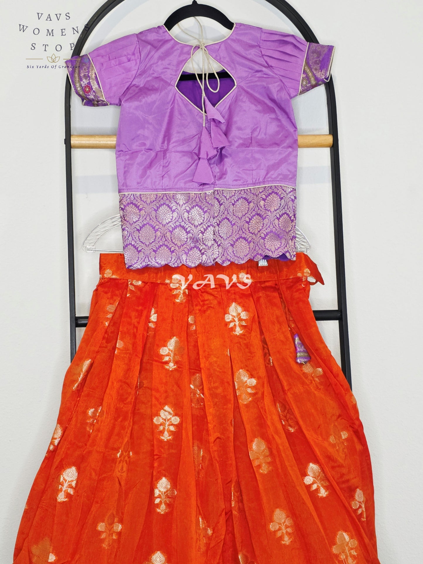 Royal Sunset Orange & Regal Lavender Benarasi Lehenga with Designer Puff Sleeves Blouse Set for Girls Ages 8–9