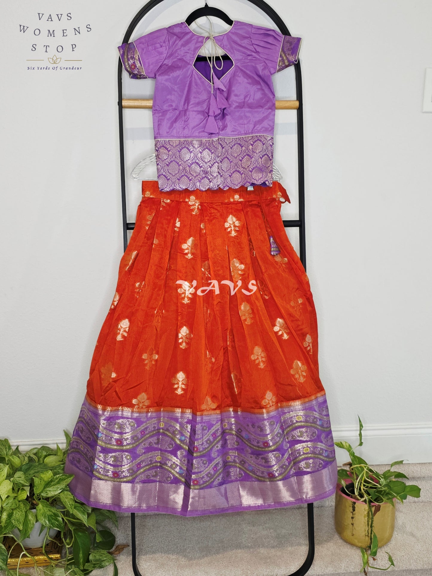 Royal Sunset Orange & Regal Lavender Benarasi Lehenga with Designer Puff Sleeves Blouse Set for Girls Ages 8–9