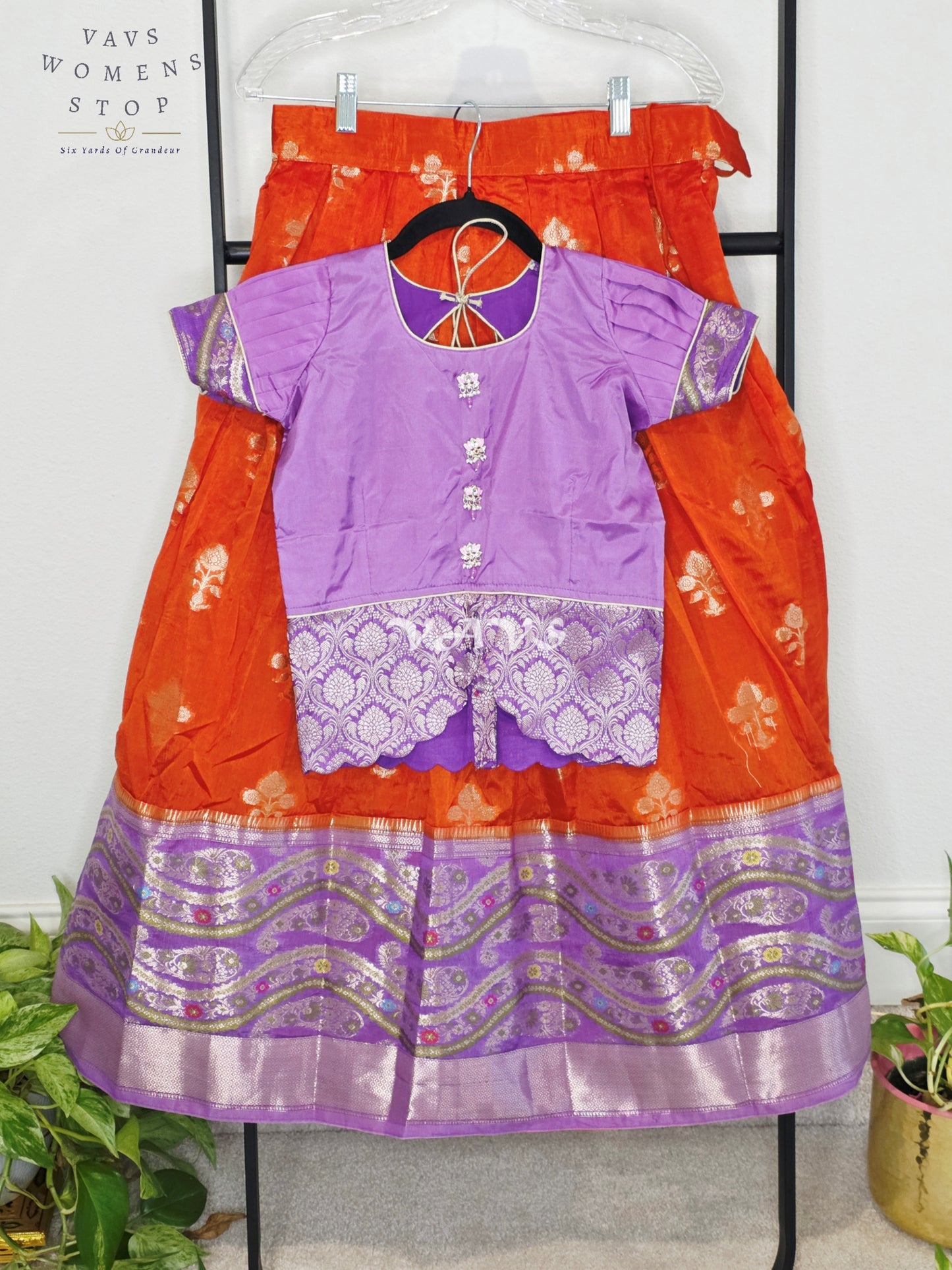 Royal Sunset Orange & Regal Lavender Benarasi Lehenga with Designer Puff Sleeves Blouse Set for Girls Ages 8–9