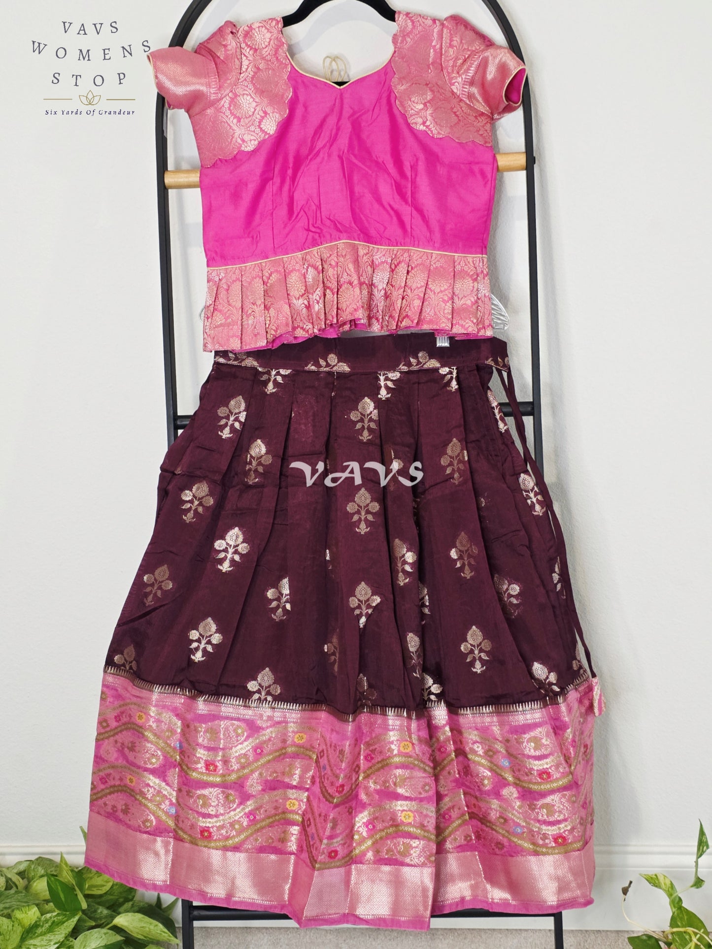 Royal Hot Pink & Regal Mulberry Wine Benarasi Lehenga with Puff Sleeves Blouse Set for Girls Ages 8–9