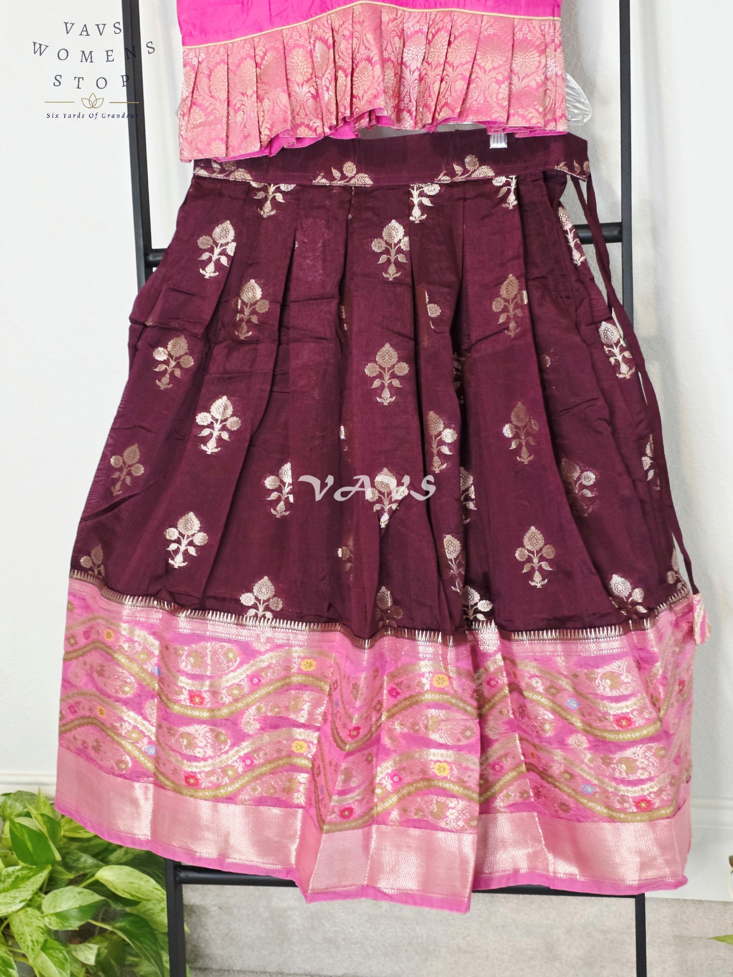 Royal Hot Pink & Regal Mulberry Wine Benarasi Lehenga with Puff Sleeves Blouse Set for Girls Ages 8–9