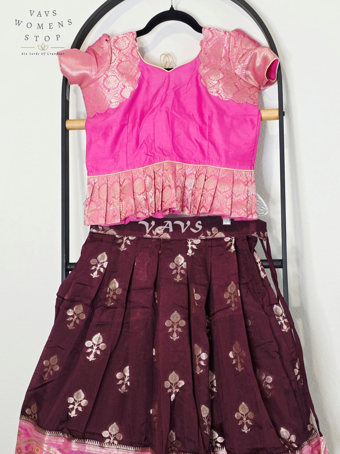 Royal Hot Pink & Regal Mulberry Wine Benarasi Lehenga with Puff Sleeves Blouse Set for Girls Ages 8–9