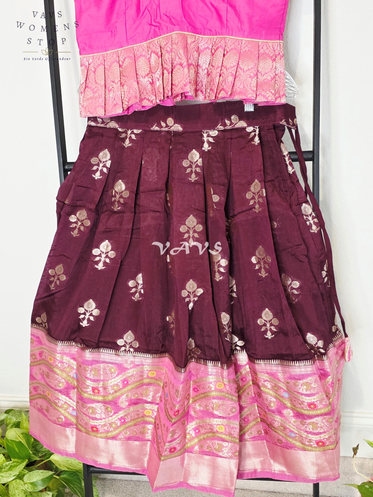 Royal Hot Pink & Regal Mulberry Wine Benarasi Lehenga with Puff Sleeves Blouse Set for Girls Ages 8–9