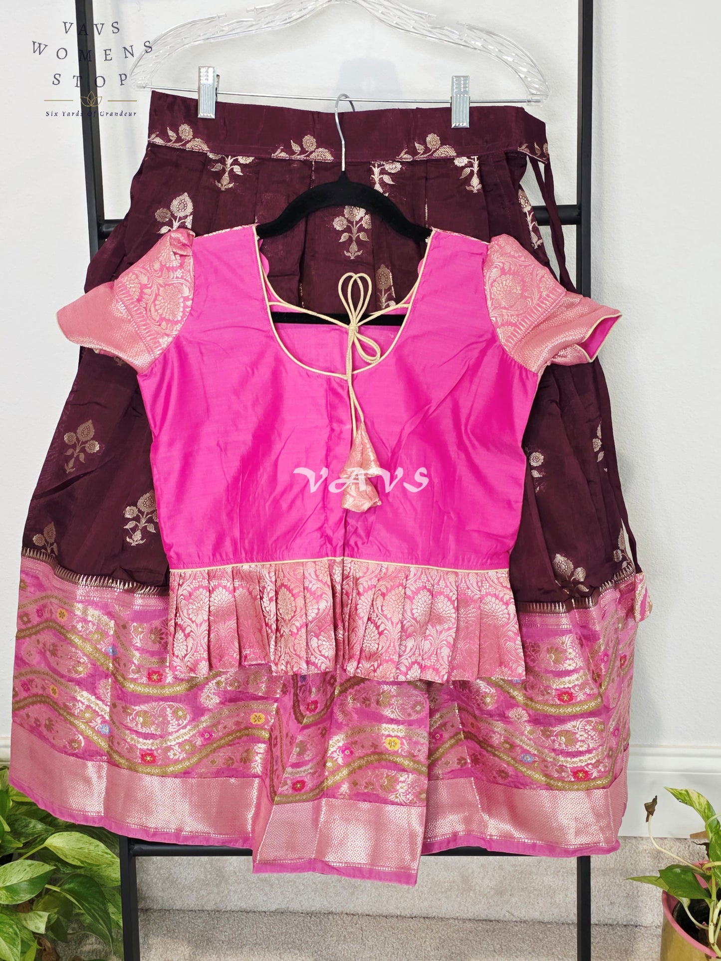 Royal Hot Pink & Regal Mulberry Wine Benarasi Lehenga with Puff Sleeves Blouse Set for Girls Ages 8–9