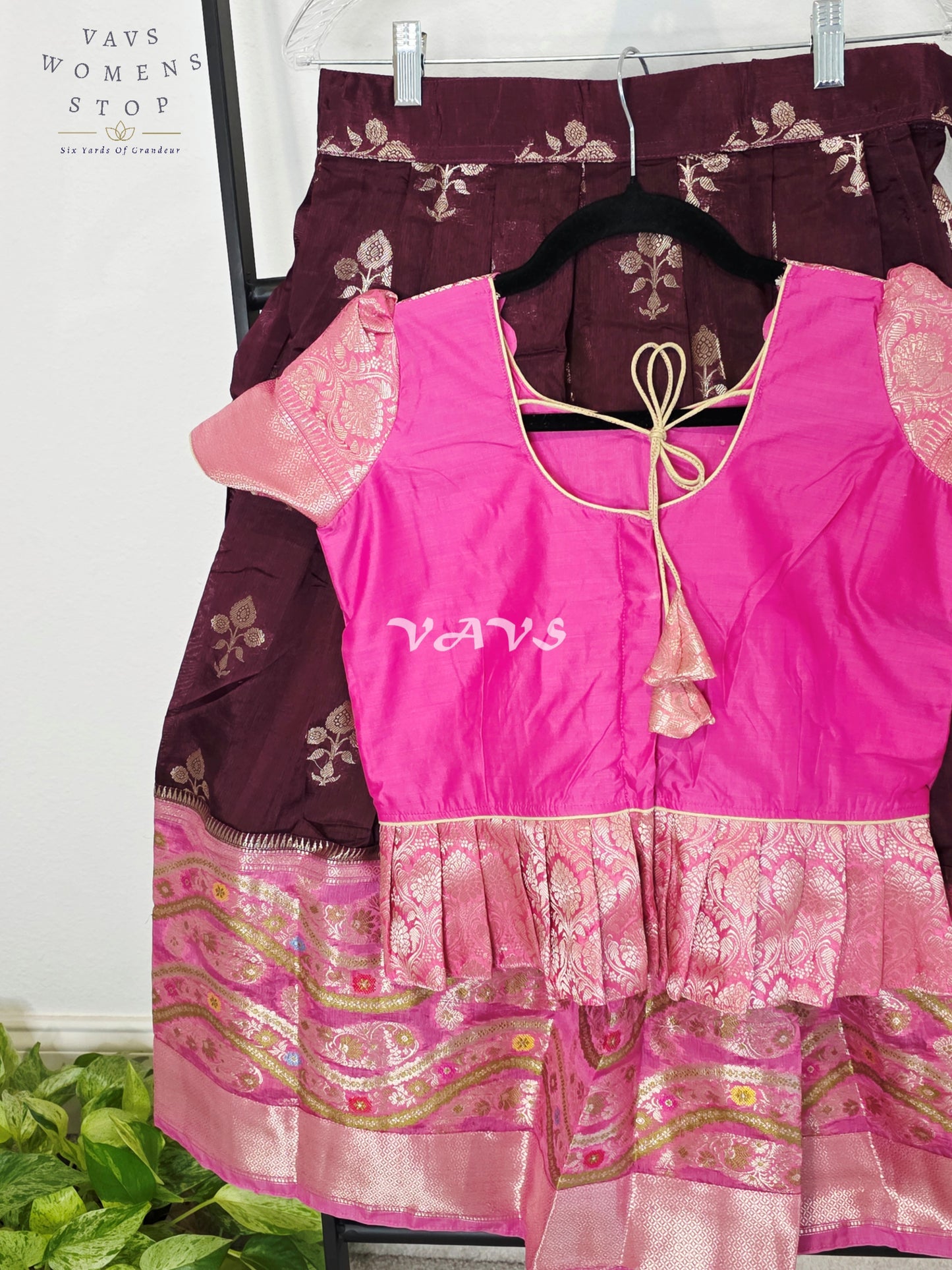 Royal Hot Pink & Regal Mulberry Wine Benarasi Lehenga with Puff Sleeves Blouse Set for Girls Ages 8–9