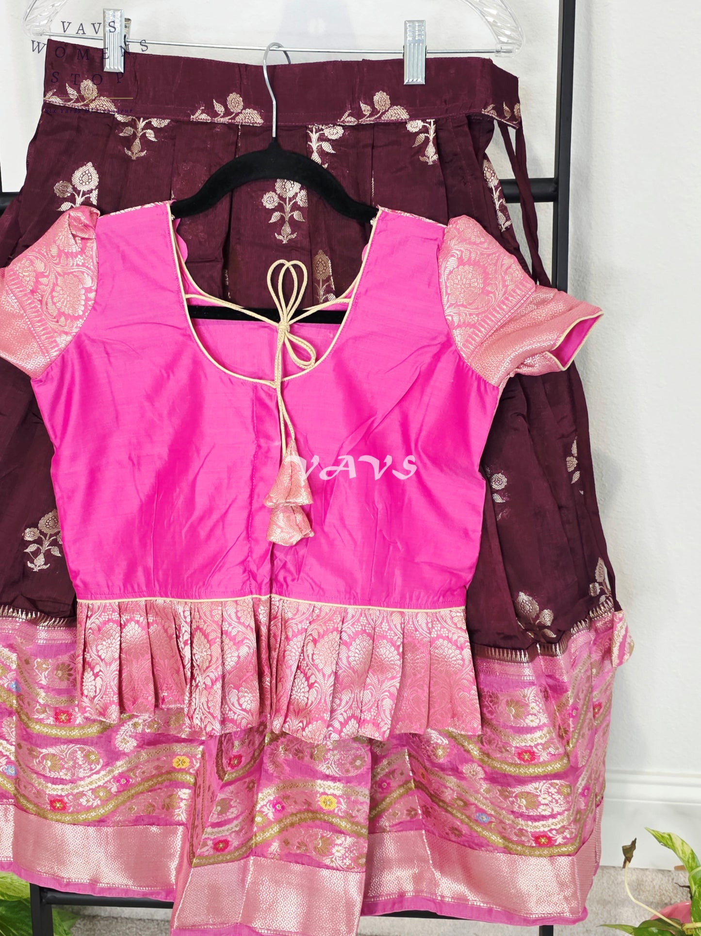 Royal Hot Pink & Regal Mulberry Wine Benarasi Lehenga with Puff Sleeves Blouse Set for Girls Ages 8–9