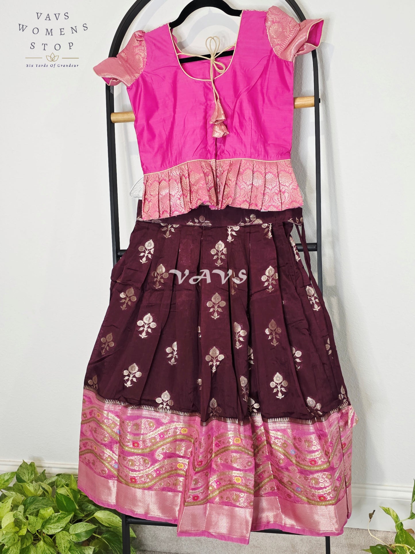 Royal Hot Pink & Regal Mulberry Wine Benarasi Lehenga with Puff Sleeves Blouse Set for Girls Ages 8–9