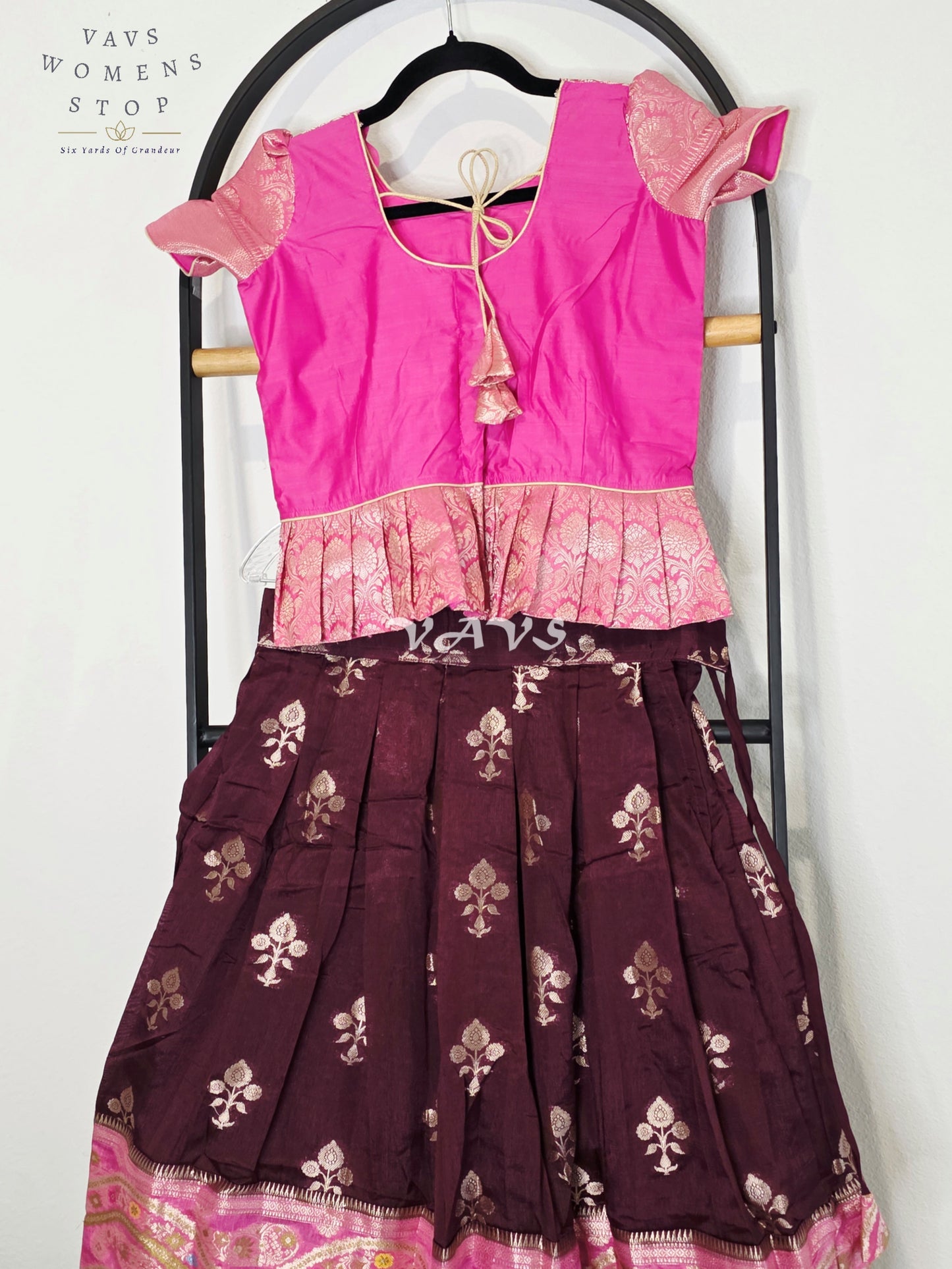 Royal Hot Pink & Regal Mulberry Wine Benarasi Lehenga with Puff Sleeves Blouse Set for Girls Ages 8–9