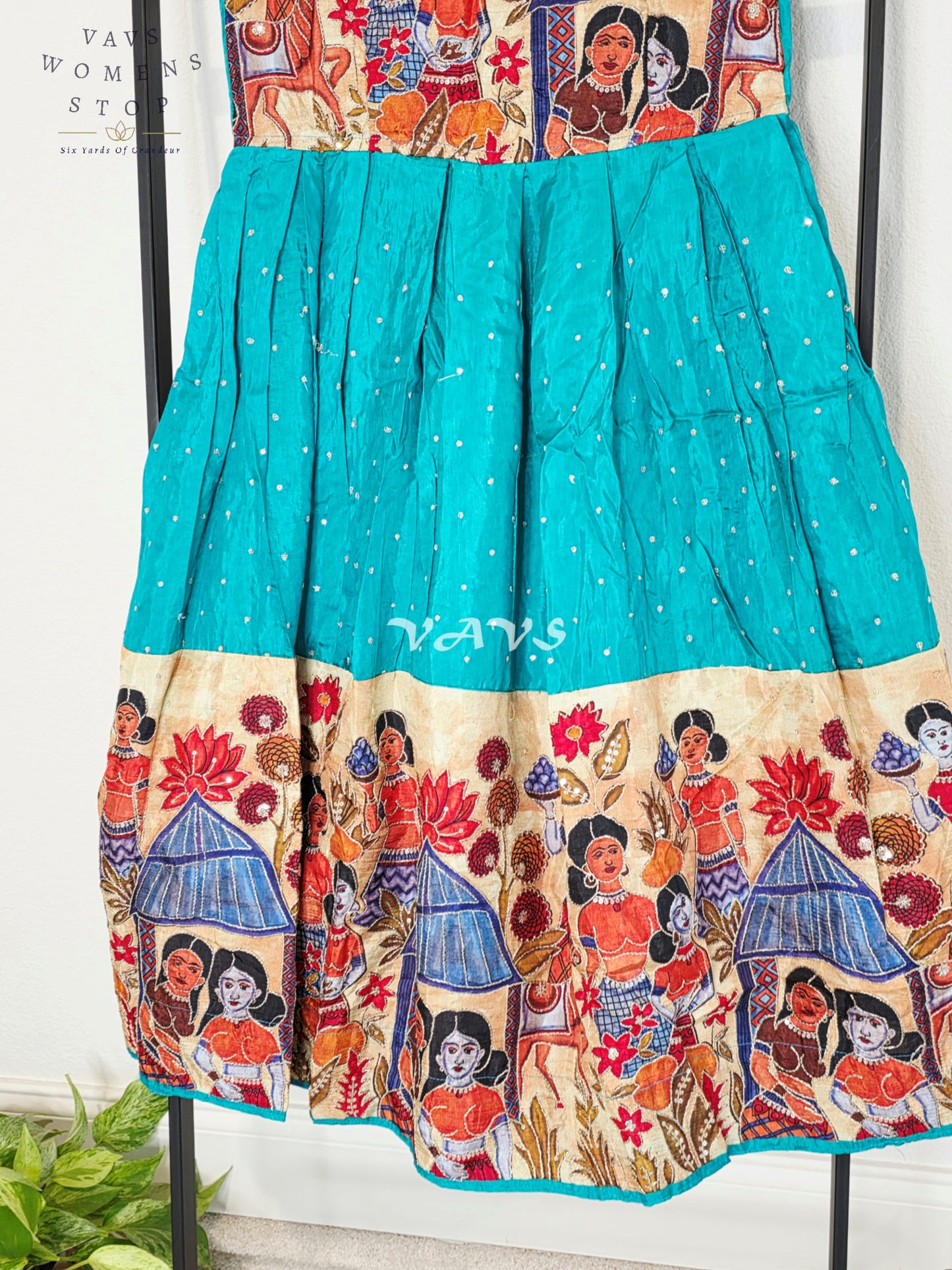 Royal Peacock Teal Designer Crepe Silk Kalamkari Print Long Frock with Jacket Style Overcoat Set for Girls Ages 7–8
