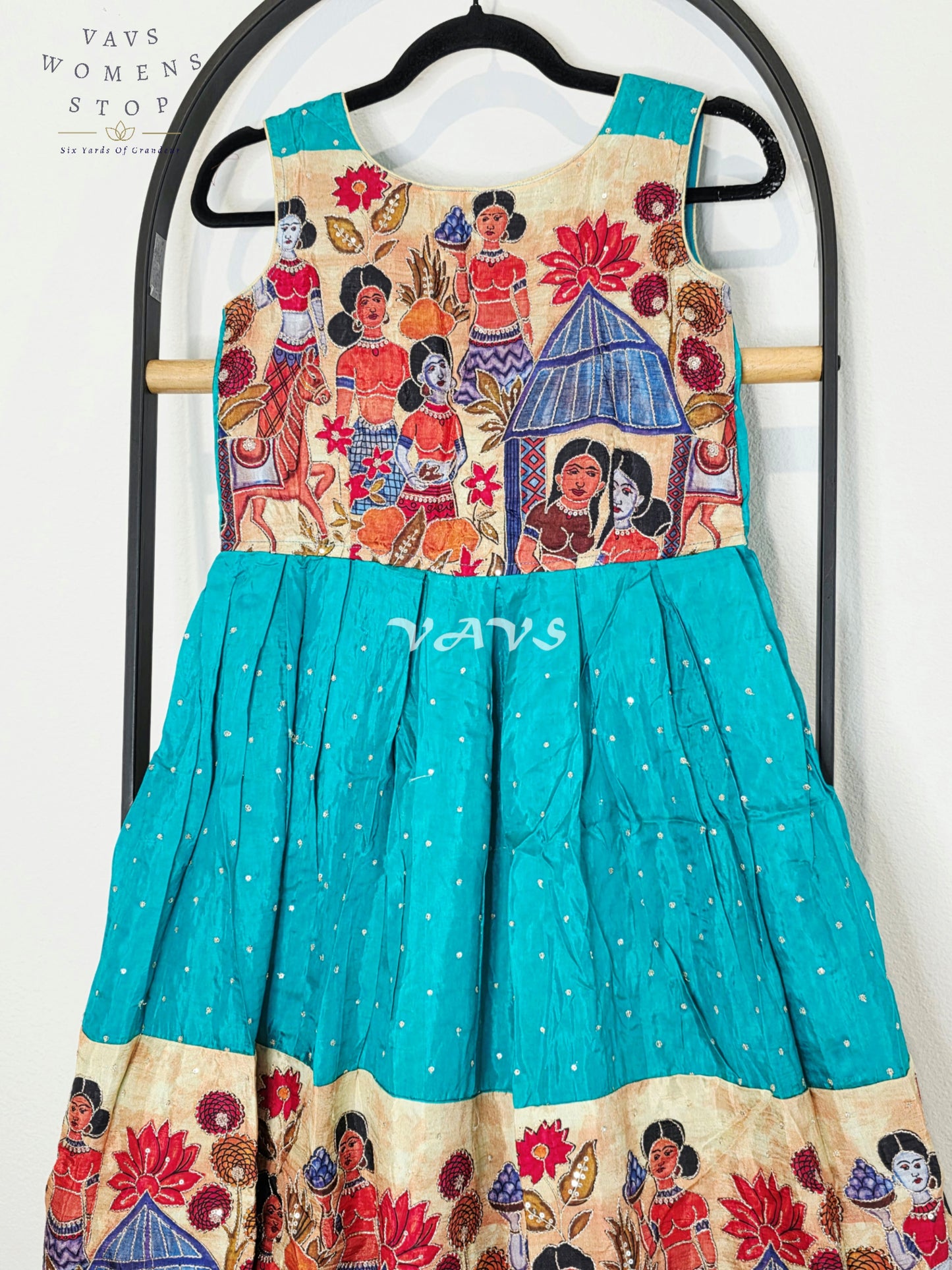Royal Peacock Teal Designer Crepe Silk Kalamkari Print Long Frock with Jacket Style Overcoat Set for Girls Ages 7–8