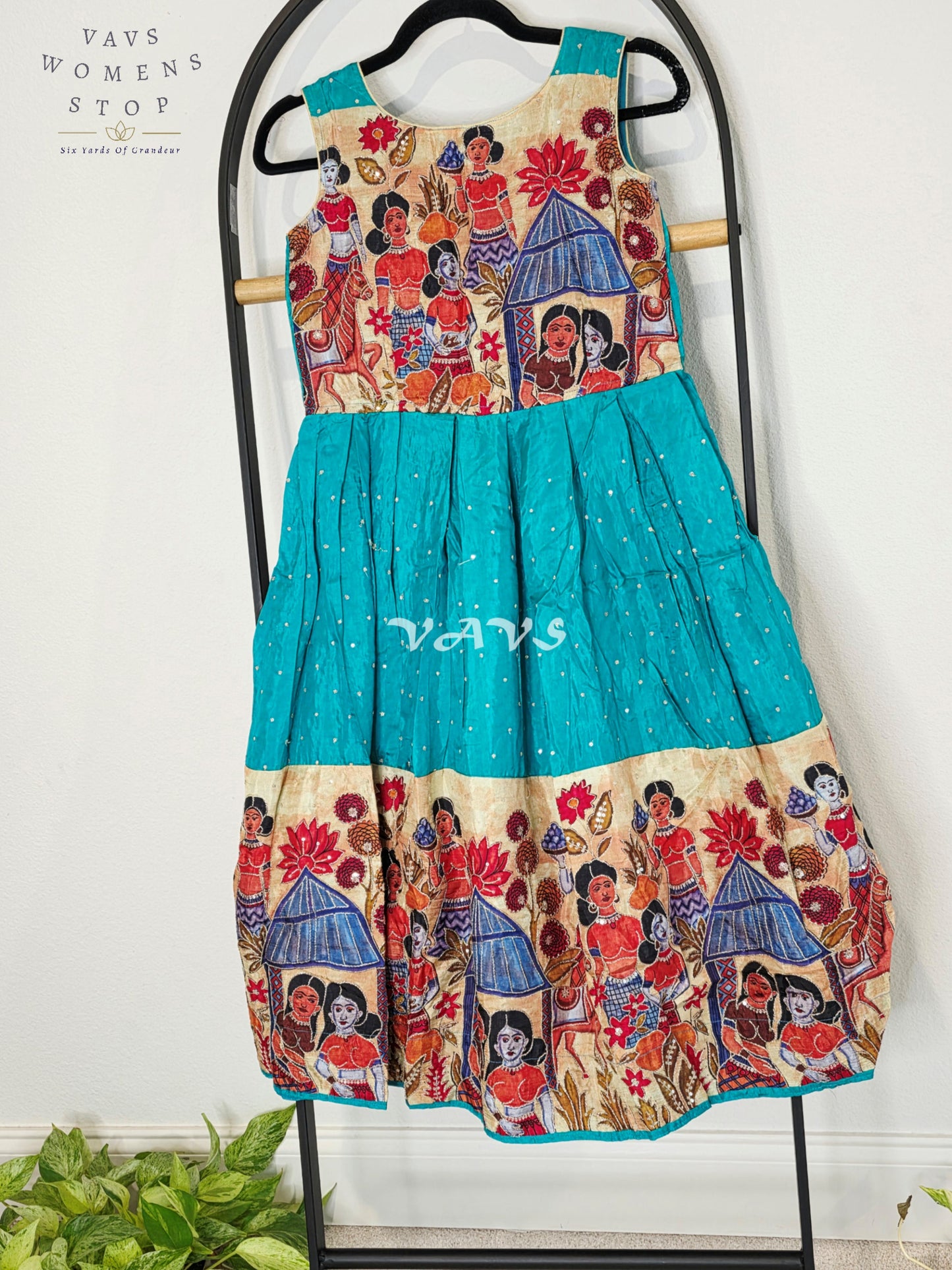 Royal Peacock Teal Designer Crepe Silk Kalamkari Print Long Frock with Jacket Style Overcoat Set for Girls Ages 7–8