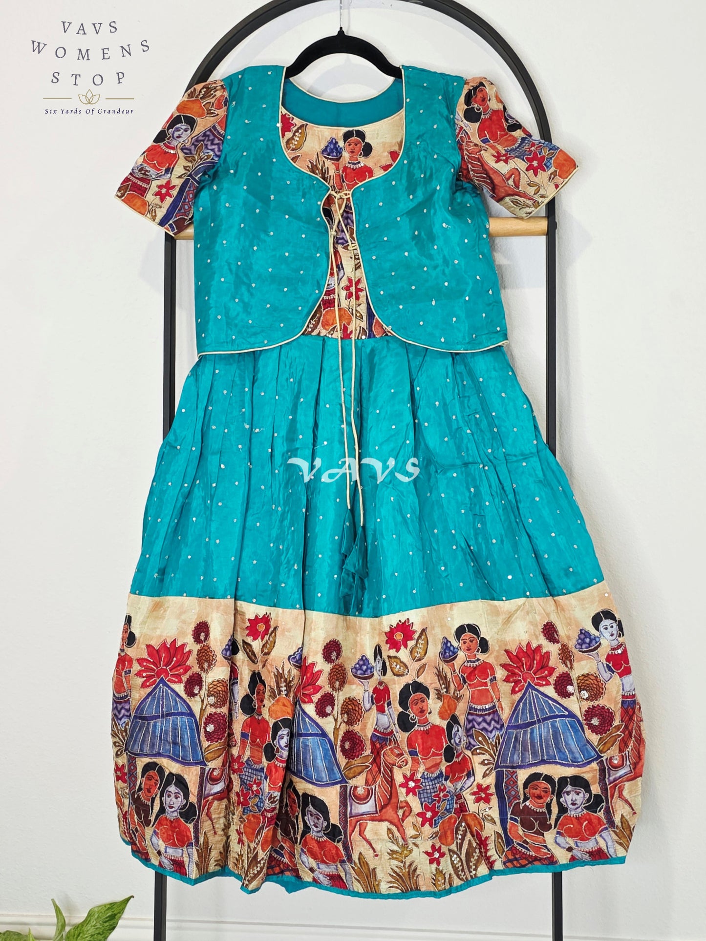 Royal Peacock Teal Designer Crepe Silk Kalamkari Print Long Frock with Jacket Style Overcoat Set for Girls Ages 7–8