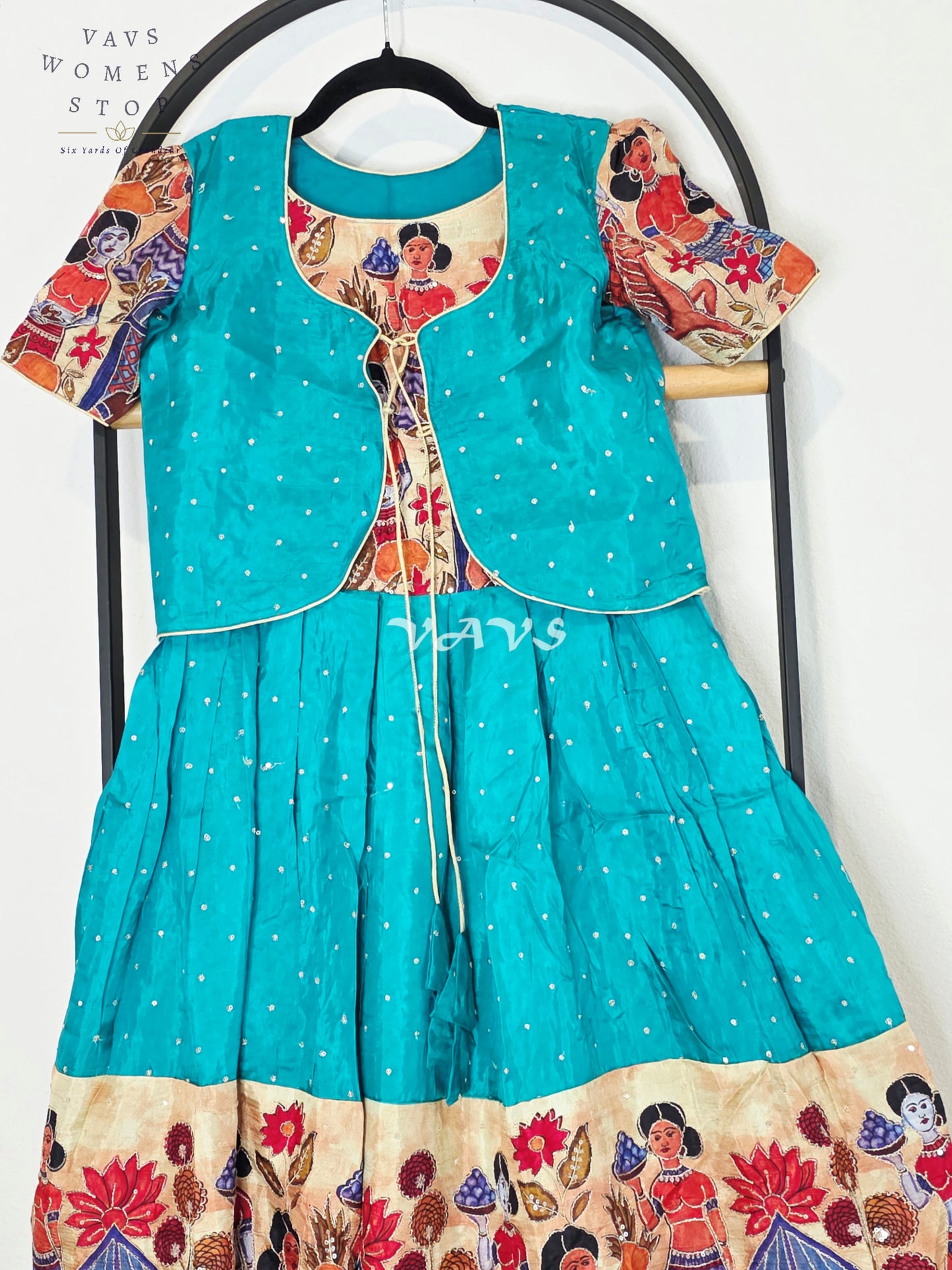 Royal Peacock Teal Designer Crepe Silk Kalamkari Print Long Frock with Jacket Style Overcoat Set for Girls Ages 7–8
