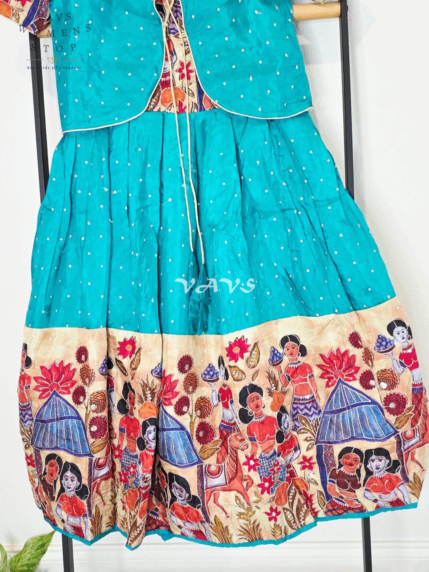 Royal Peacock Teal Designer Crepe Silk Kalamkari Print Long Frock with Jacket Style Overcoat Set for Girls Ages 7–8
