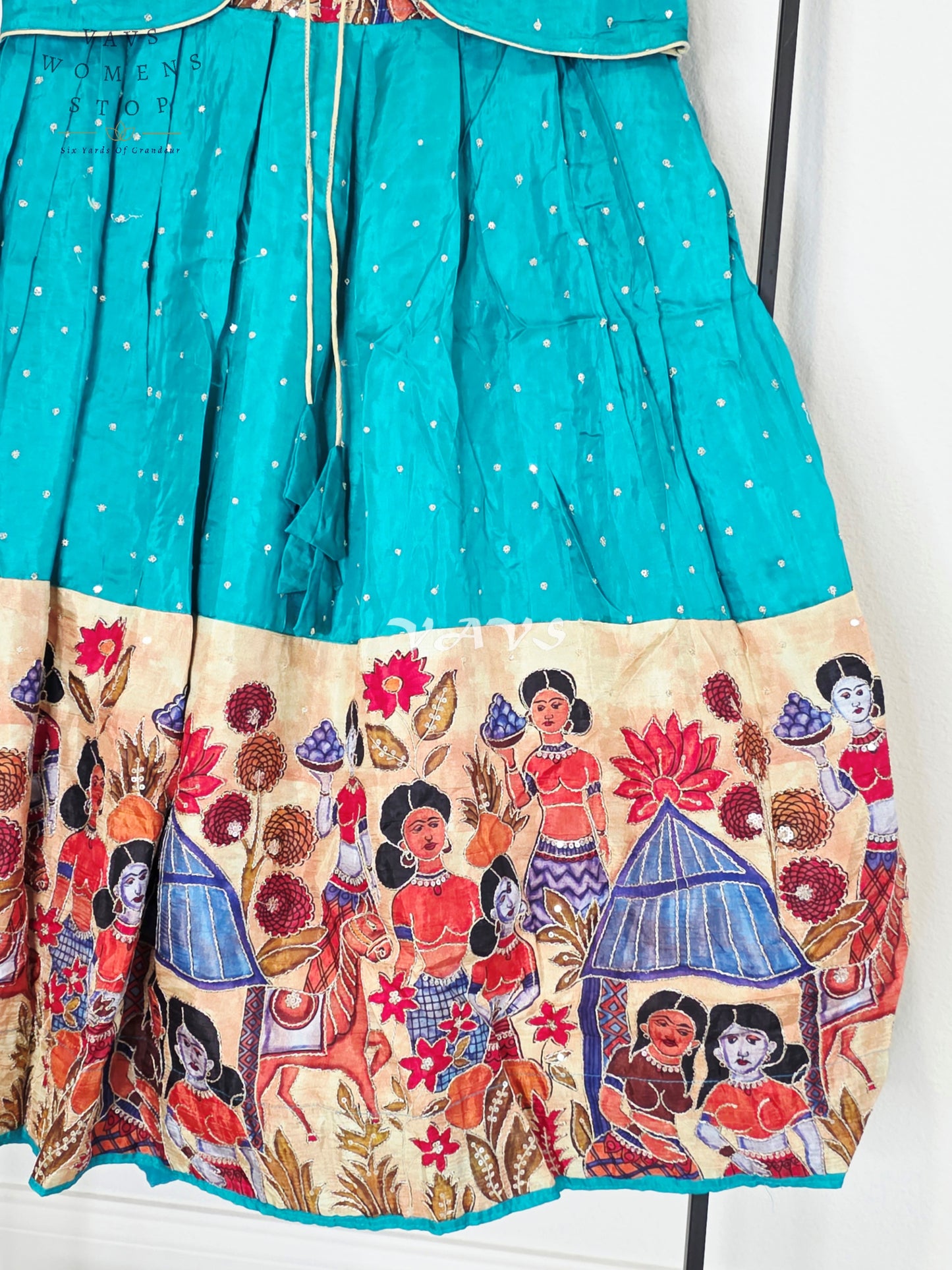 Royal Peacock Teal Designer Crepe Silk Kalamkari Print Long Frock with Jacket Style Overcoat Set for Girls Ages 7–8