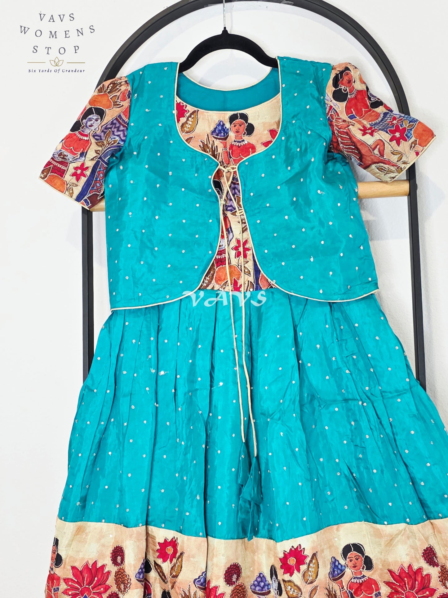 Royal Peacock Teal Designer Crepe Silk Kalamkari Print Long Frock with Jacket Style Overcoat Set for Girls Ages 7–8
