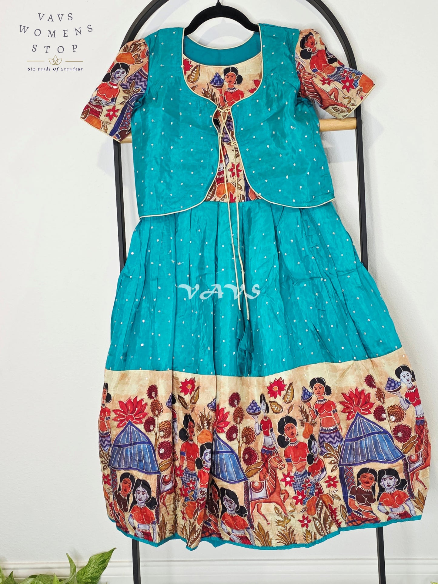 Royal Peacock Teal Designer Crepe Silk Kalamkari Print Long Frock with Jacket Style Overcoat Set for Girls Ages 7–8