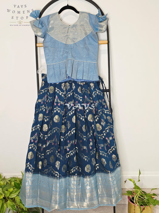 Royal Midnight Navy & Ice Blue Benarasi Lehenga with Designer Puff Sleeves Blouse Set for Girls Ages 9–10