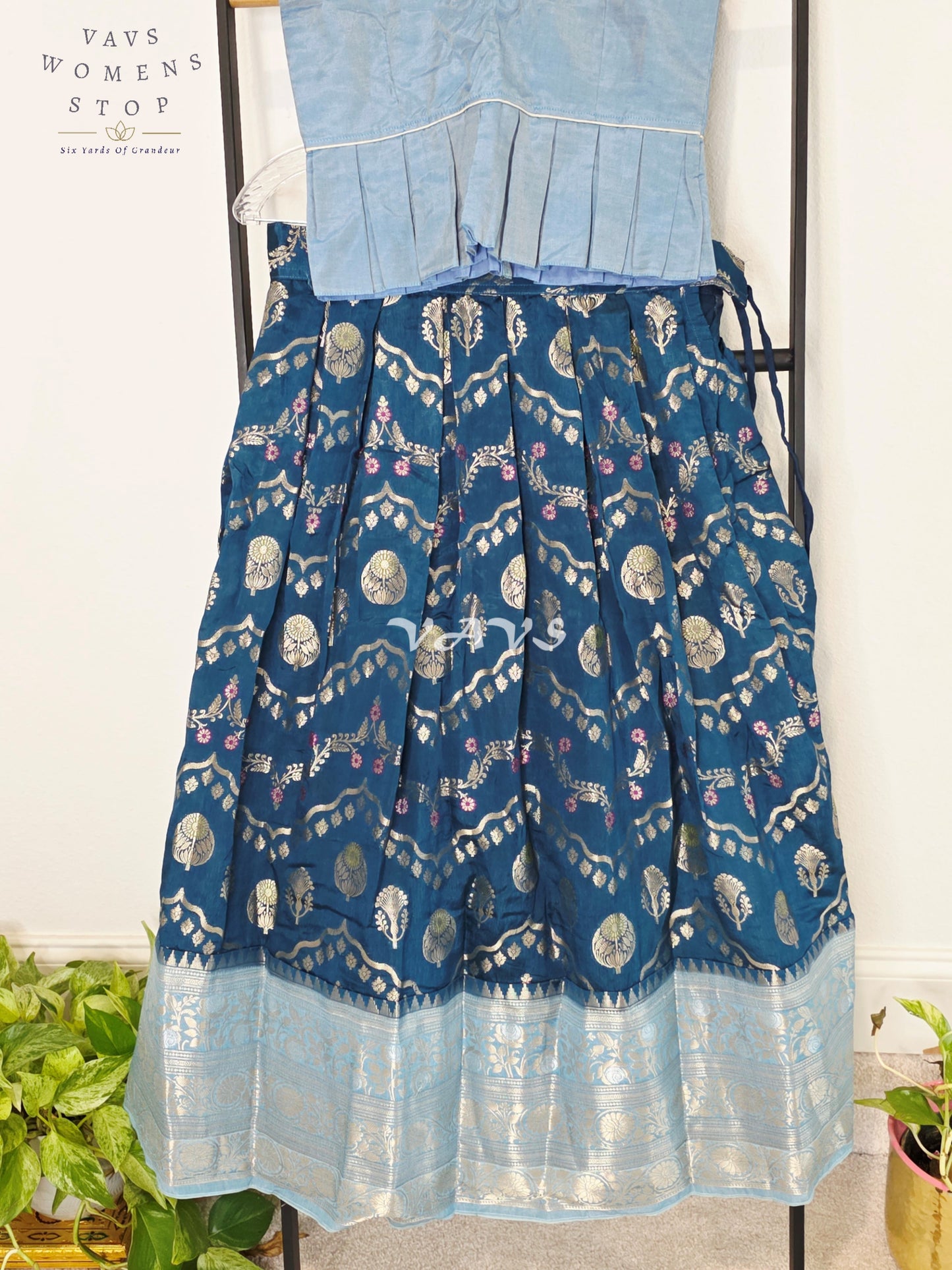 Royal Midnight Navy & Ice Blue Benarasi Lehenga with Designer Puff Sleeves Blouse Set for Girls Ages 9–10