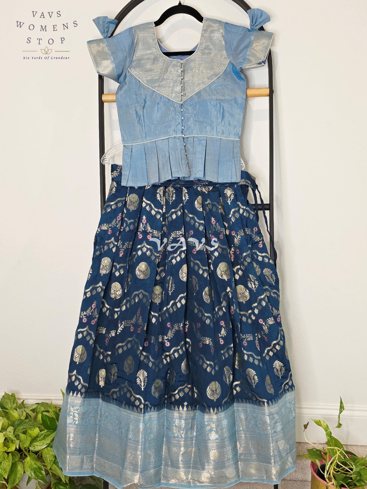 Royal Midnight Navy & Ice Blue Benarasi Lehenga with Designer Puff Sleeves Blouse Set for Girls Ages 9–10
