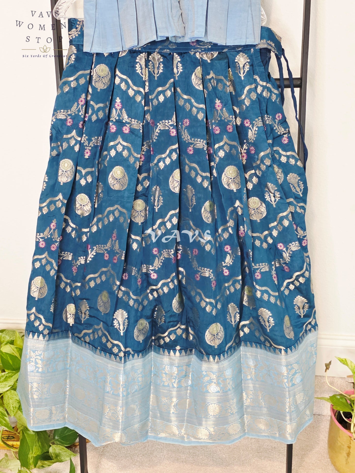 Royal Midnight Navy & Ice Blue Benarasi Lehenga with Designer Puff Sleeves Blouse Set for Girls Ages 9–10