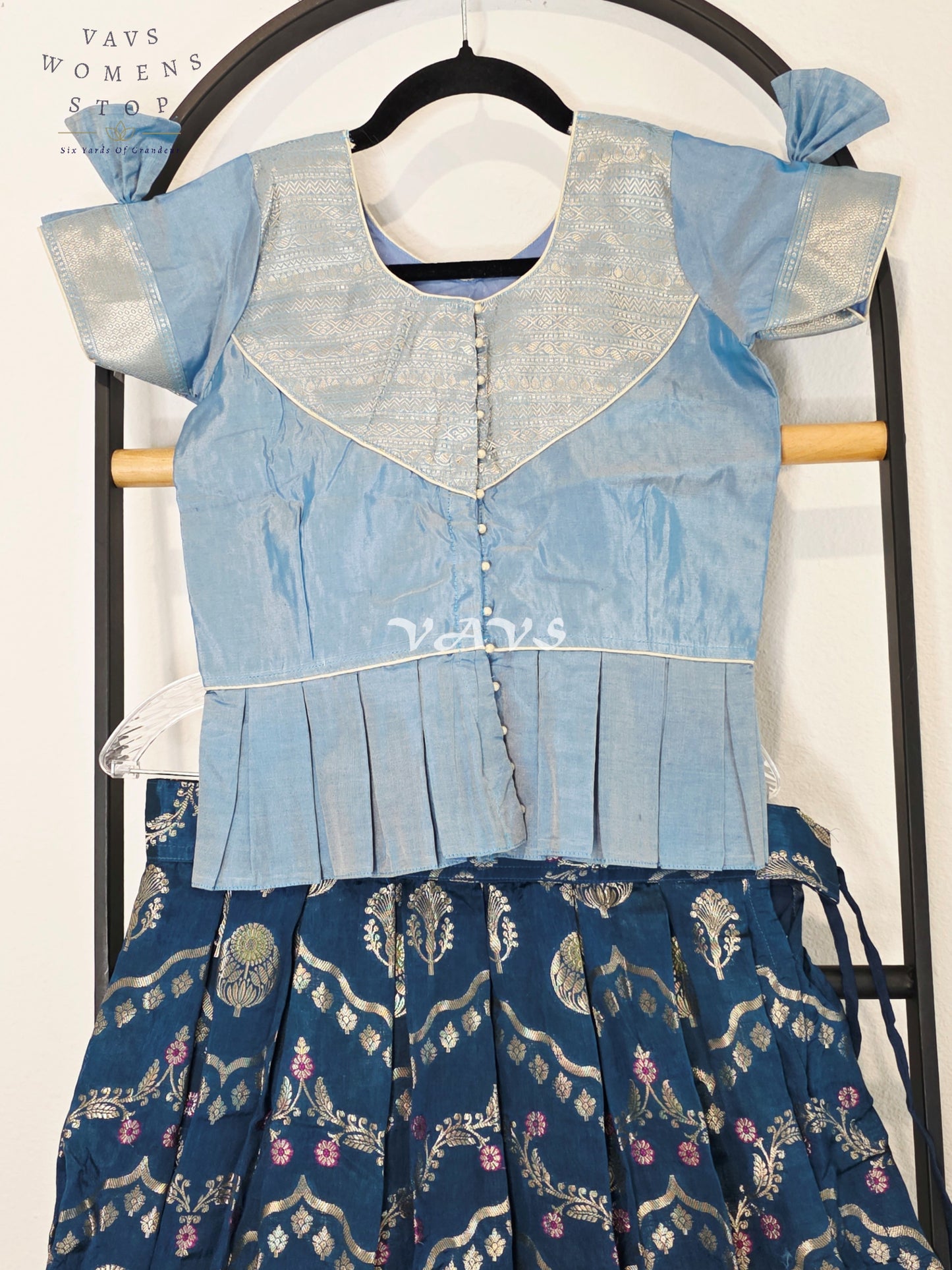 Royal Midnight Navy & Ice Blue Benarasi Lehenga with Designer Puff Sleeves Blouse Set for Girls Ages 9–10