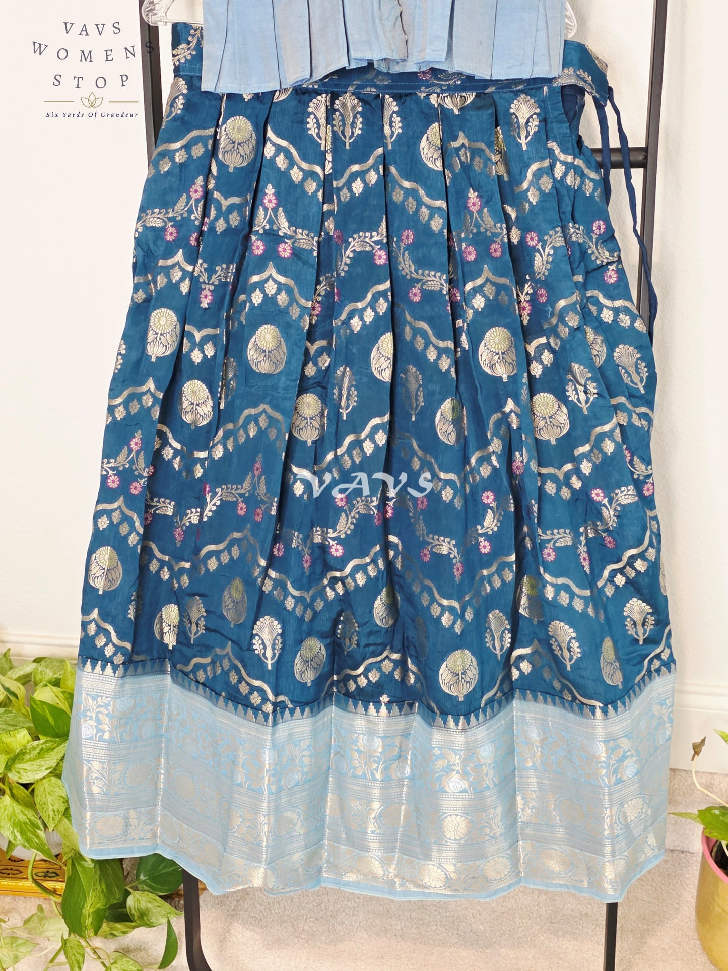 Royal Midnight Navy & Ice Blue Benarasi Lehenga with Designer Puff Sleeves Blouse Set for Girls Ages 9–10