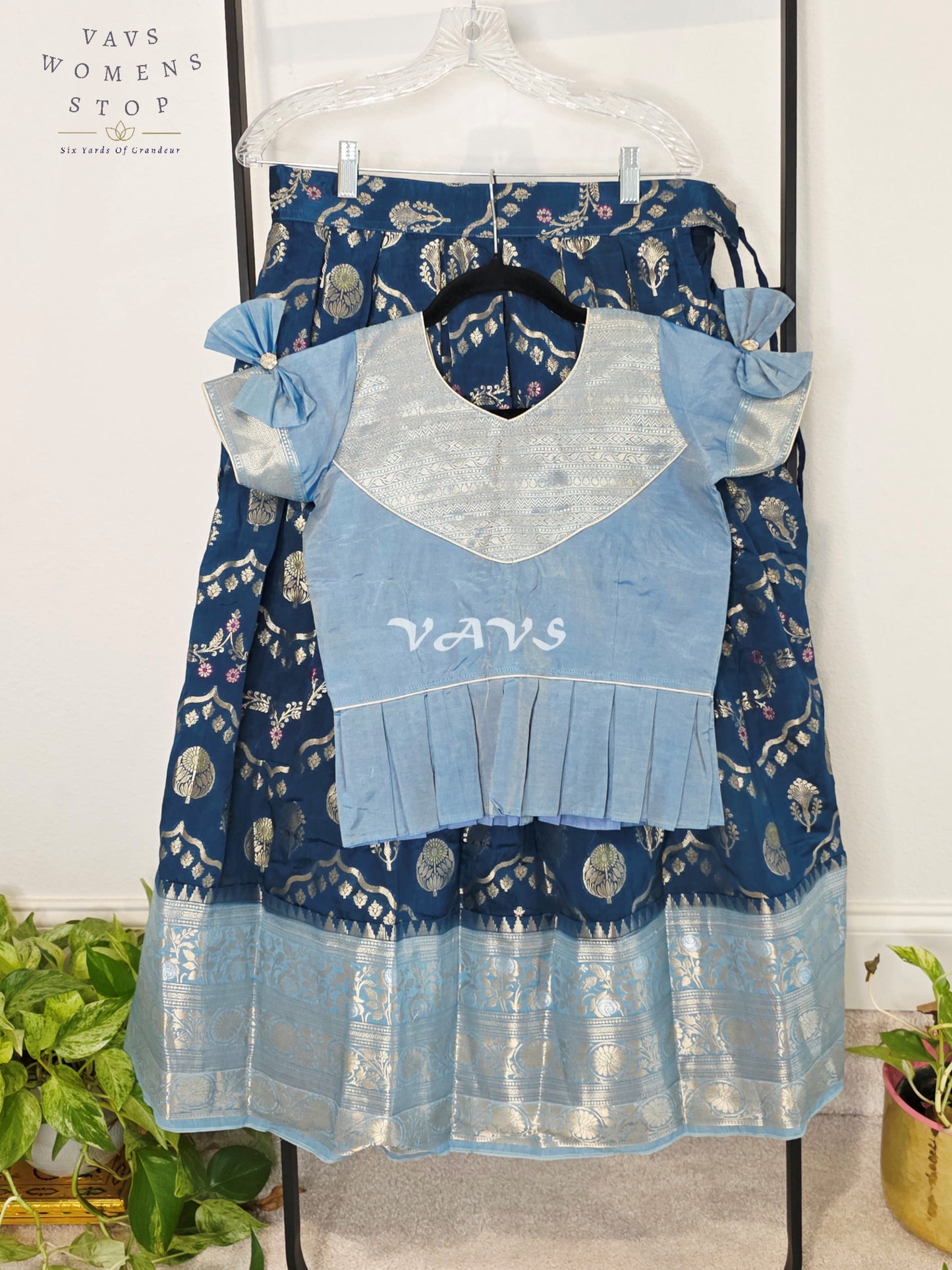 Royal Midnight Navy & Ice Blue Benarasi Lehenga with Designer Puff Sleeves Blouse Set for Girls Ages 9–10
