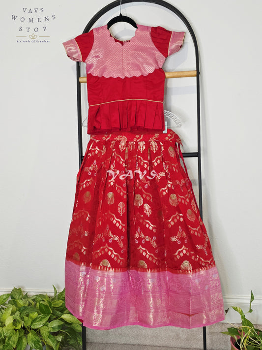 Royal Crimson Ruby & Blush Pink Benarasi Lehenga Blouse Set for Girls Ages 6–7 Years