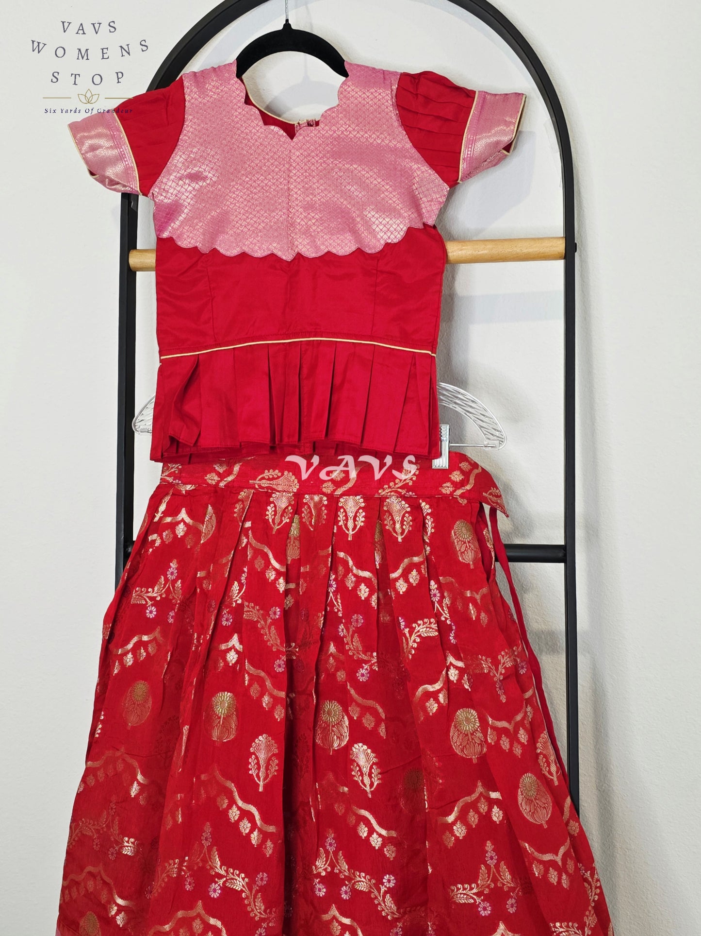 Royal Crimson Ruby & Blush Pink Benarasi Lehenga Blouse Set for Girls Ages 6–7 Years