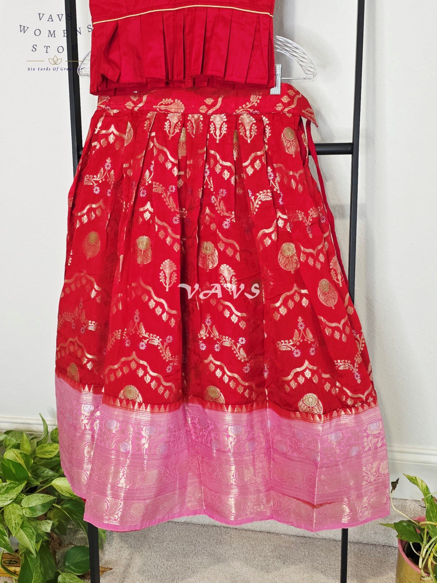 Royal Crimson Ruby & Blush Pink Benarasi Lehenga Blouse Set for Girls Ages 6–7 Years