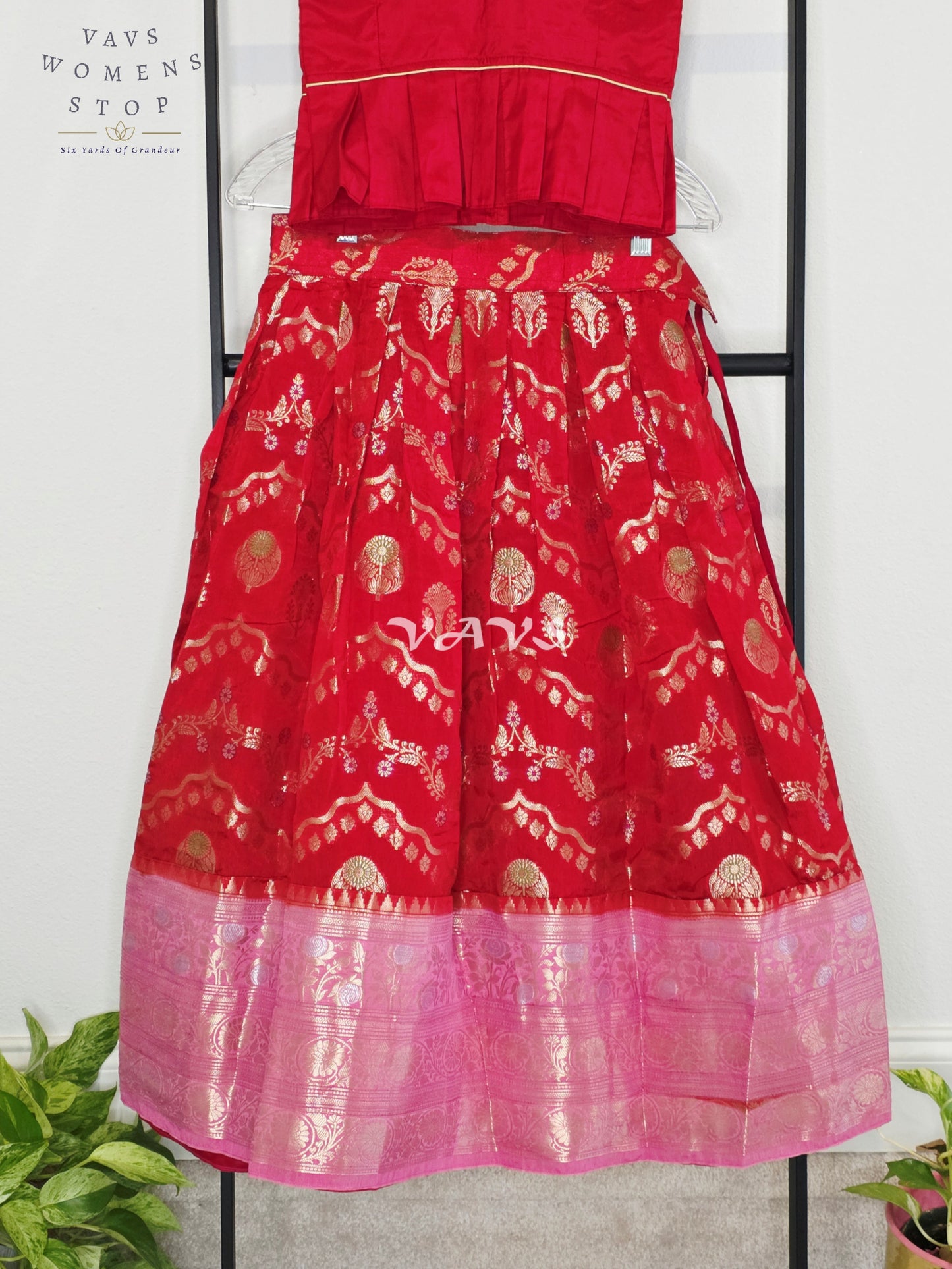 Royal Crimson Ruby & Blush Pink Benarasi Lehenga Blouse Set for Girls Ages 6–7 Years